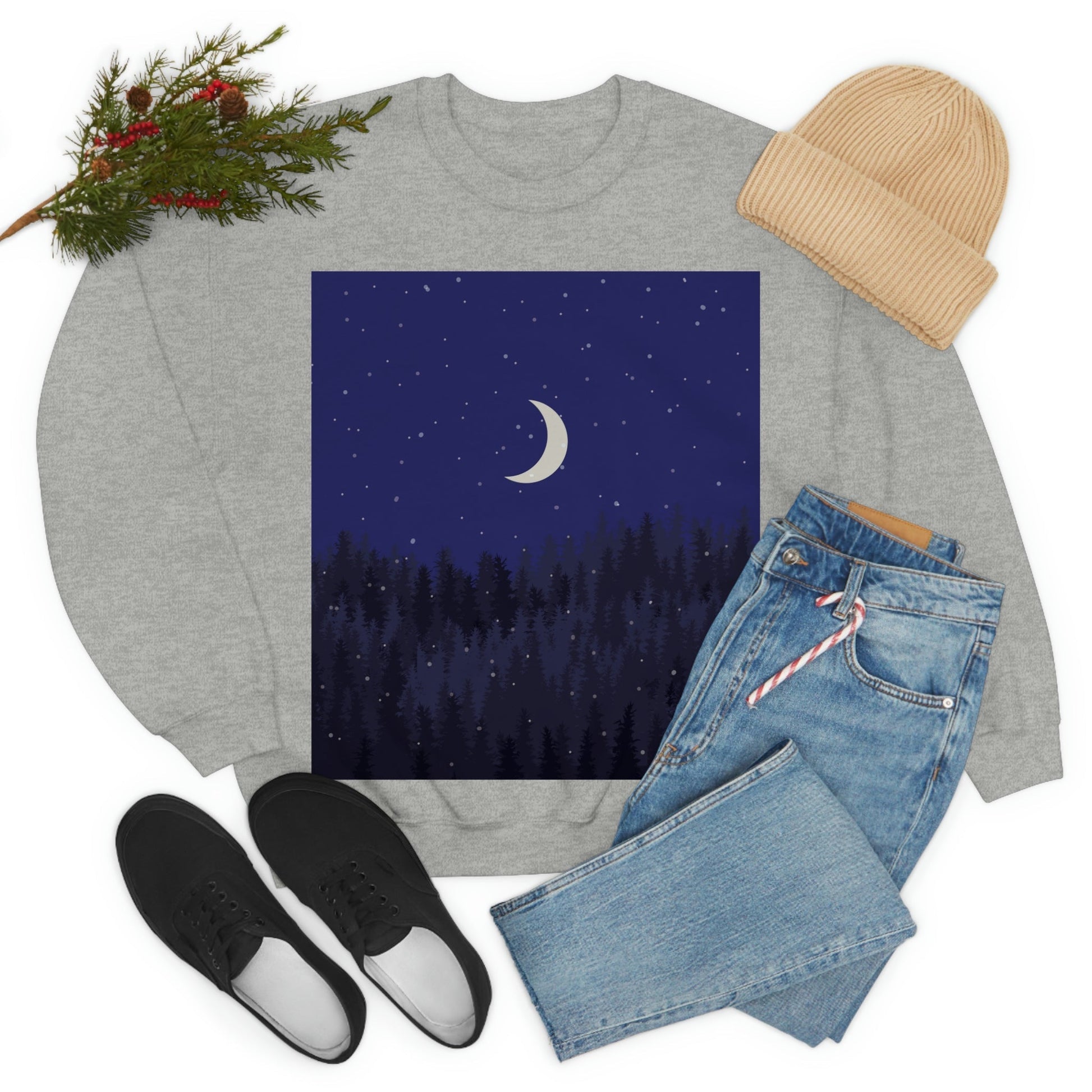 Winter Forest Moon Nature Modern Art Unisex Heavy Blend™ Crewneck Sweatshirt Ichaku [Perfect Gifts Selection]