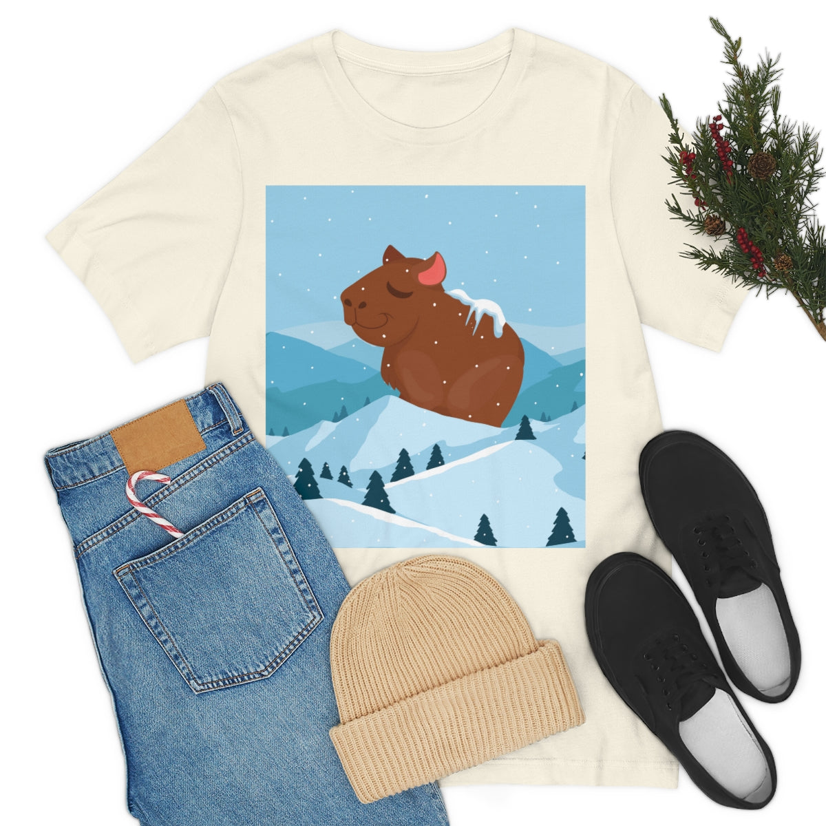 Winter Mountain Capybara Wild Cute Funny Anime Art Cartoon Unisex Jersey Short Sleeve T-Shirt Ichaku [Perfect Gifts Selection]