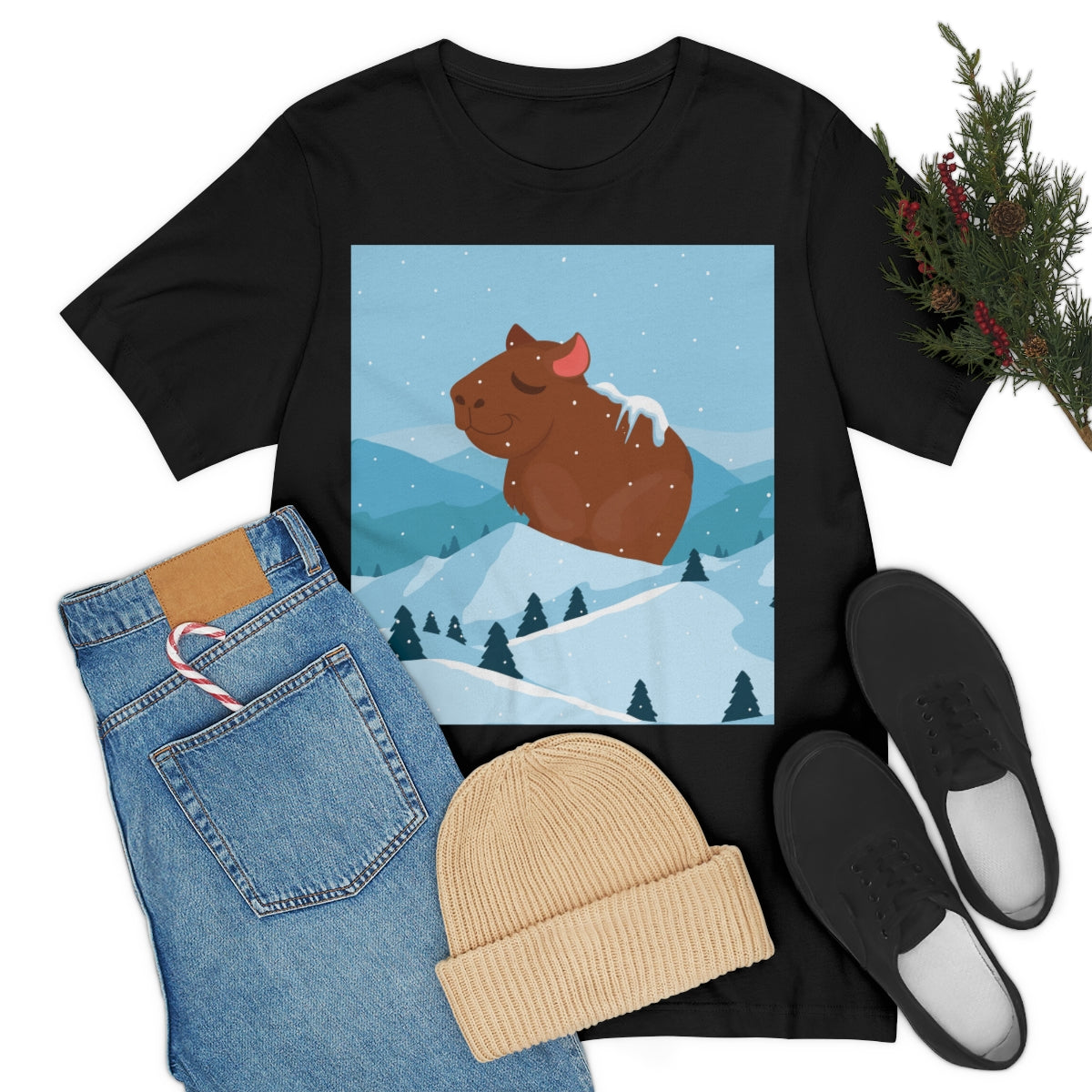 Winter Mountain Capybara Wild Cute Funny Anime Art Cartoon Unisex Jersey Short Sleeve T-Shirt Ichaku [Perfect Gifts Selection]