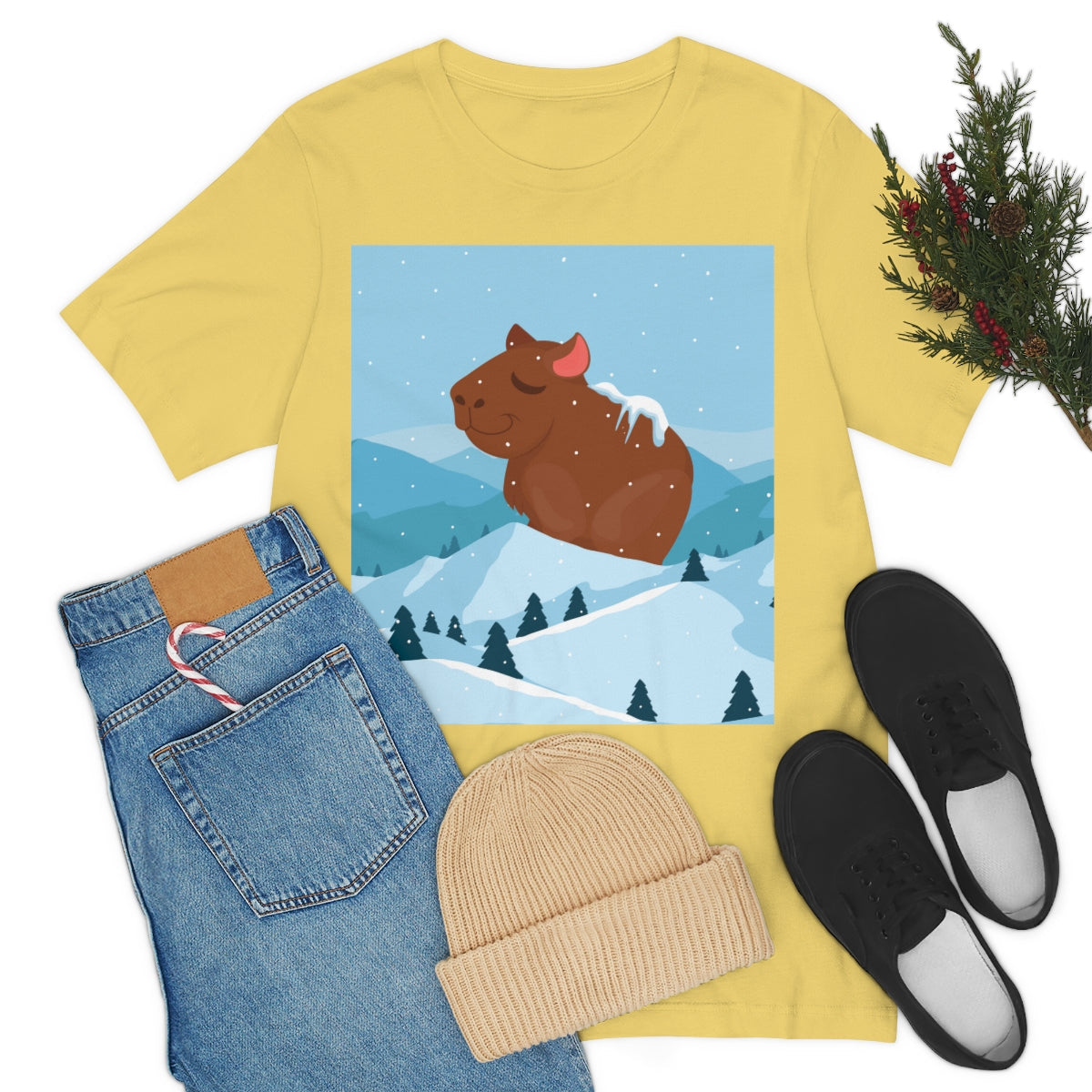 Winter Mountain Capybara Wild Cute Funny Anime Art Cartoon Unisex Jersey Short Sleeve T-Shirt Ichaku [Perfect Gifts Selection]