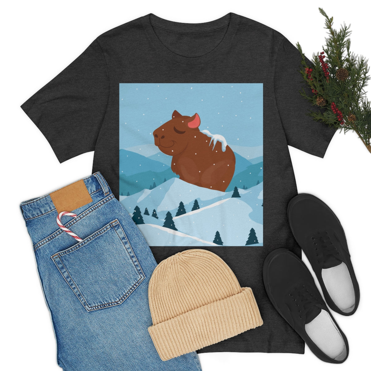 Winter Mountain Capybara Wild Cute Funny Anime Art Cartoon Unisex Jersey Short Sleeve T-Shirt Ichaku [Perfect Gifts Selection]