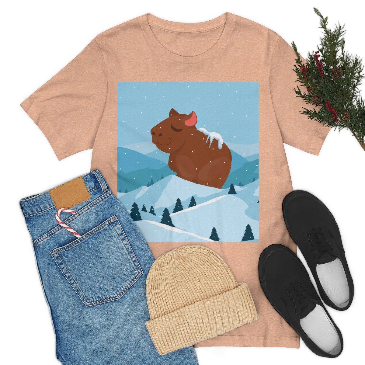 Winter Mountain Capybara Wild Cute Funny Anime Art Cartoon Unisex Jersey Short Sleeve T-Shirt Ichaku [Perfect Gifts Selection]