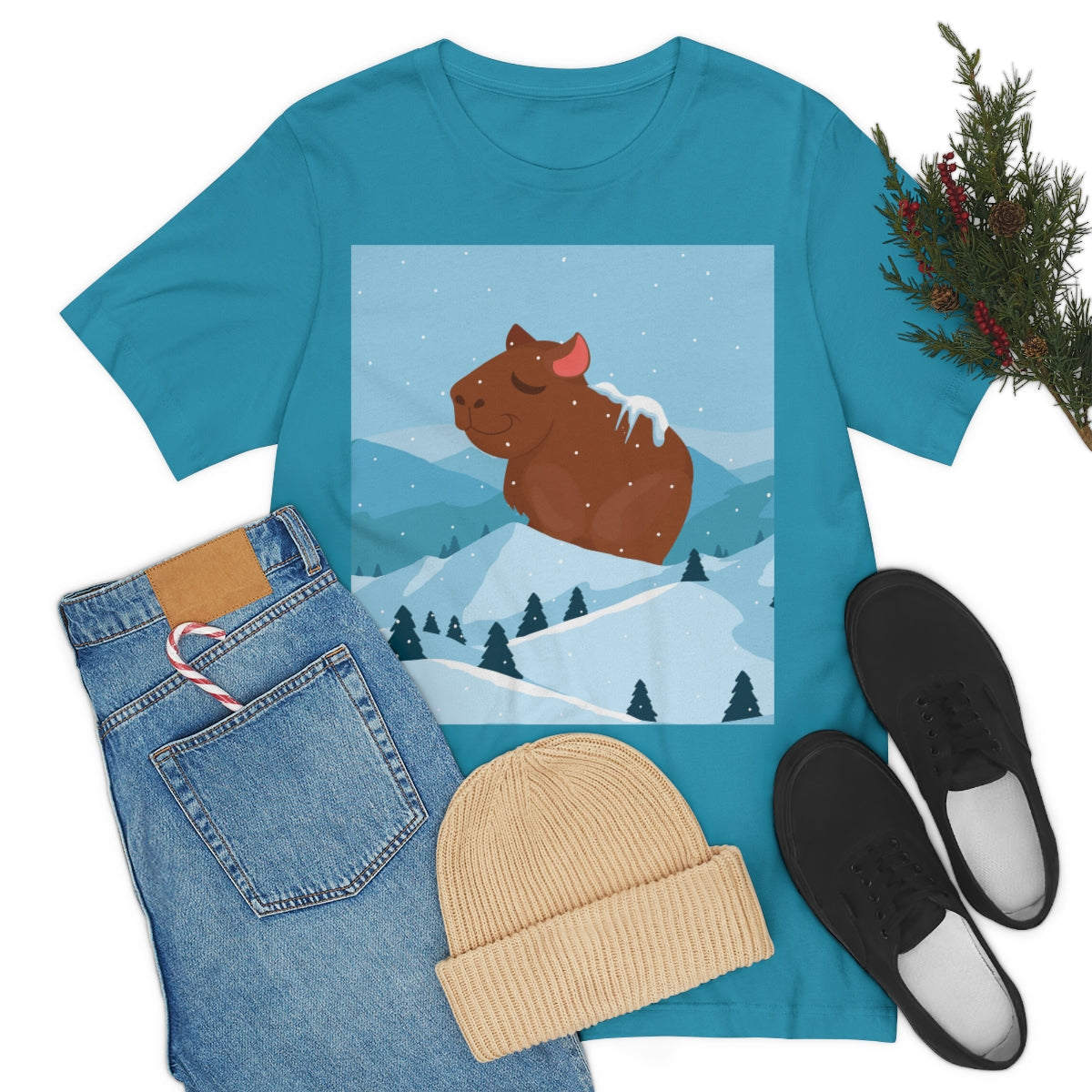 Winter Mountain Capybara Wild Cute Funny Anime Art Cartoon Unisex Jersey Short Sleeve T-Shirt Ichaku [Perfect Gifts Selection]