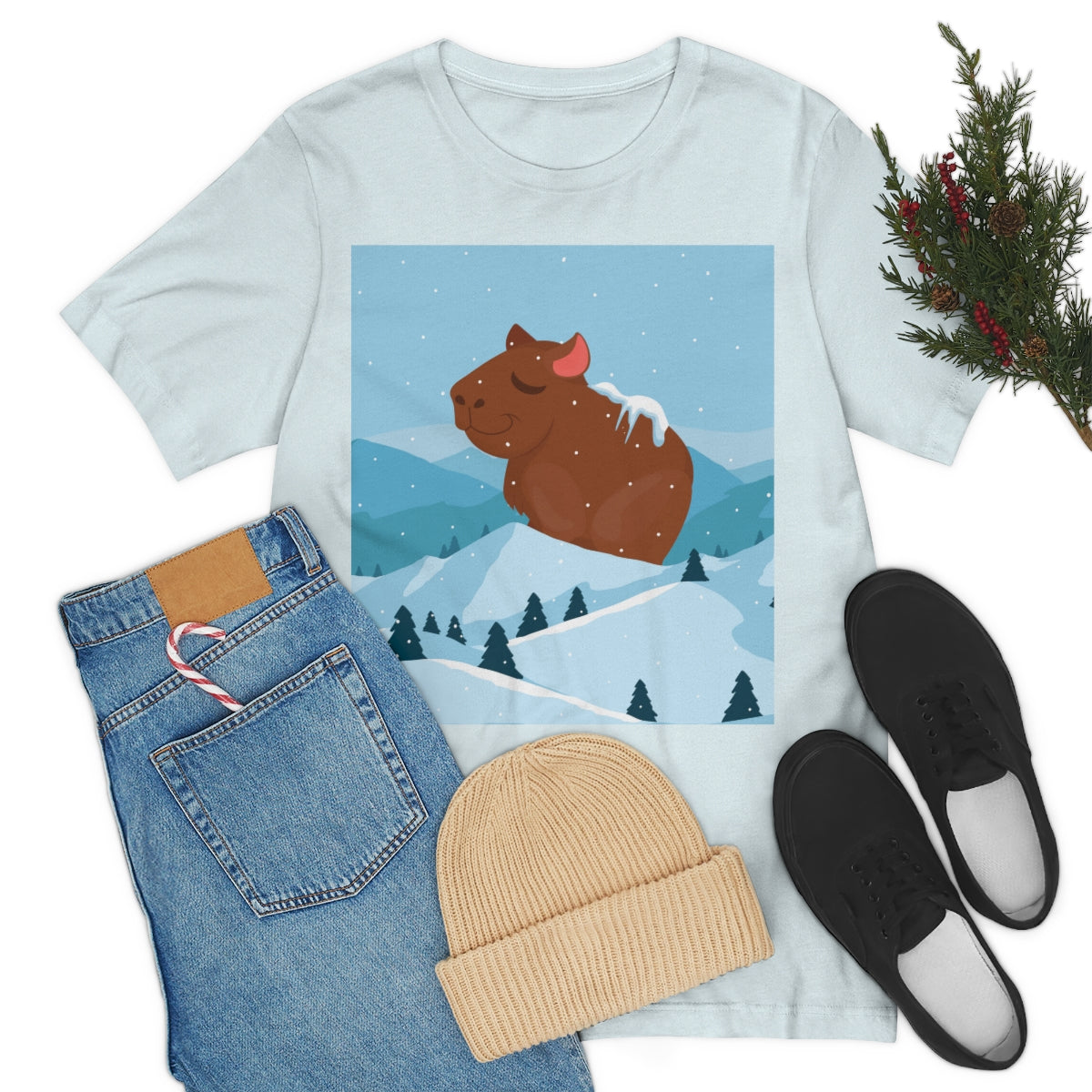 Winter Mountain Capybara Wild Cute Funny Anime Art Cartoon Unisex Jersey Short Sleeve T-Shirt Ichaku [Perfect Gifts Selection]