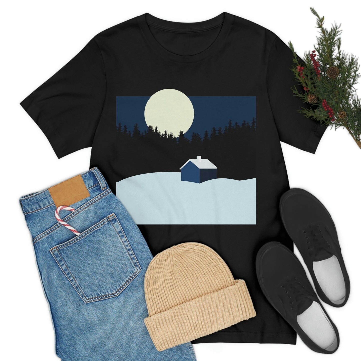 Winter Night Outdoor Minimal Art Unisex Jersey Short Sleeve T-Shirt Ichaku [Perfect Gifts Selection]