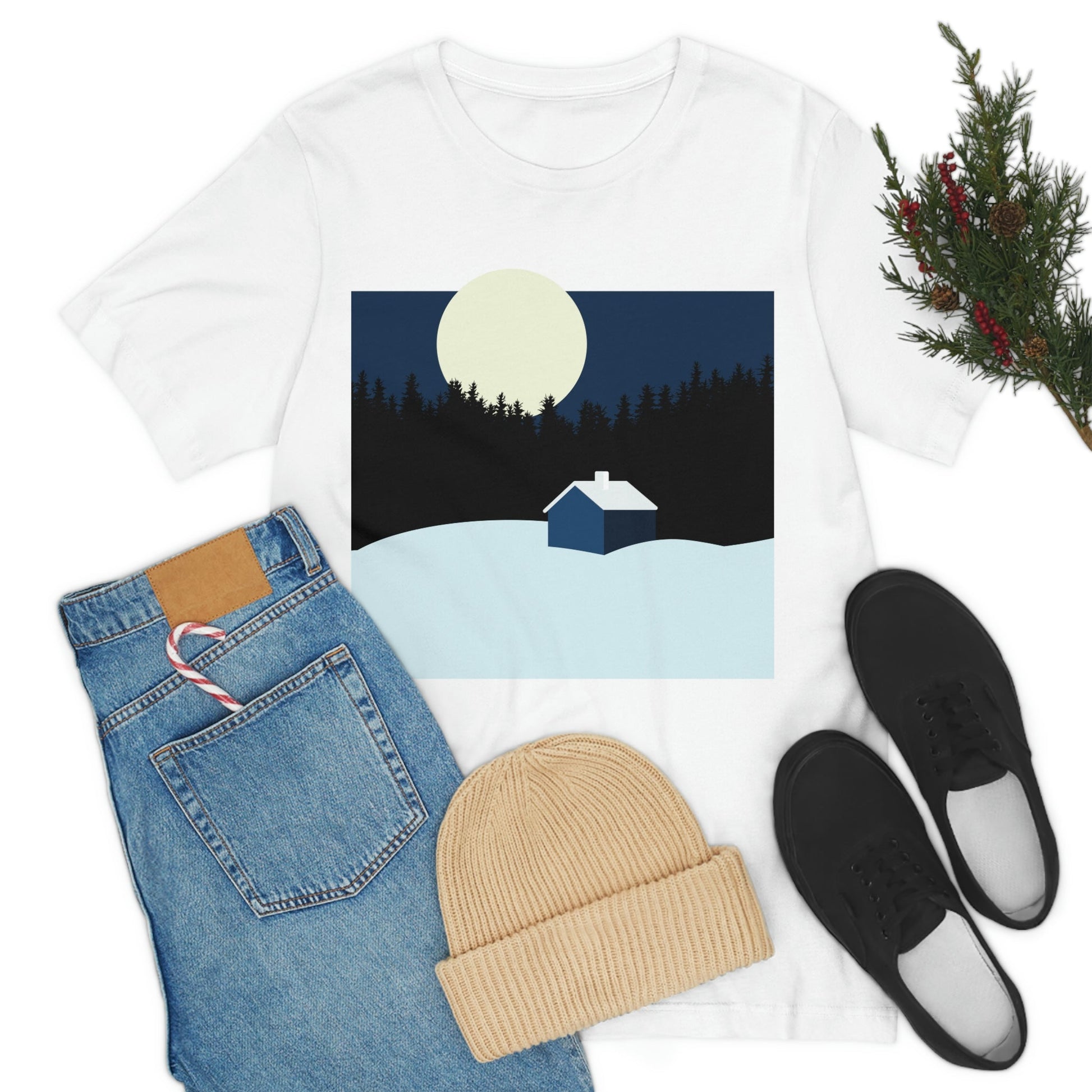 Winter Night Outdoor Minimal Art Unisex Jersey Short Sleeve T-Shirt Ichaku [Perfect Gifts Selection]