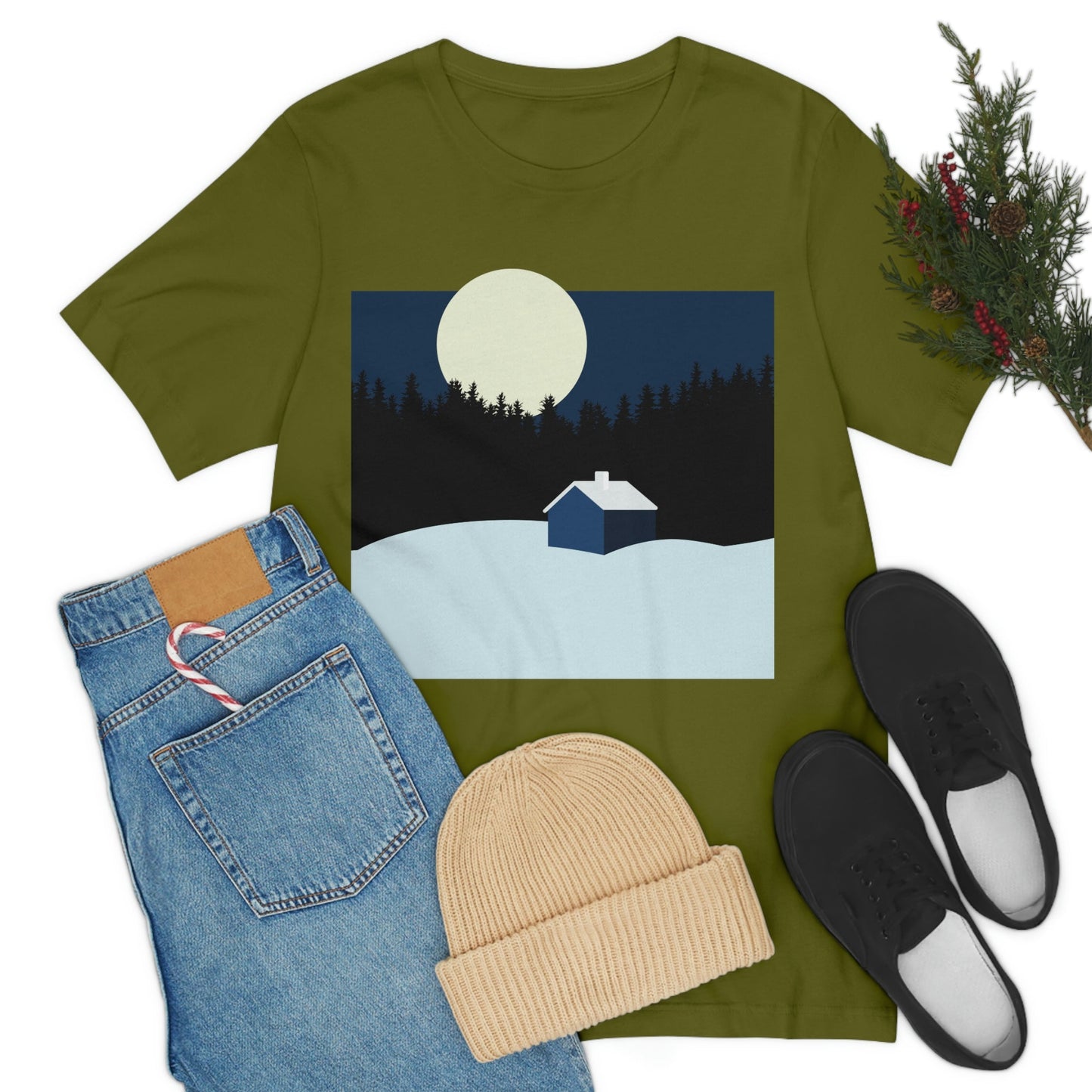Winter Night Outdoor Minimal Art Unisex Jersey Short Sleeve T-Shirt Ichaku [Perfect Gifts Selection]