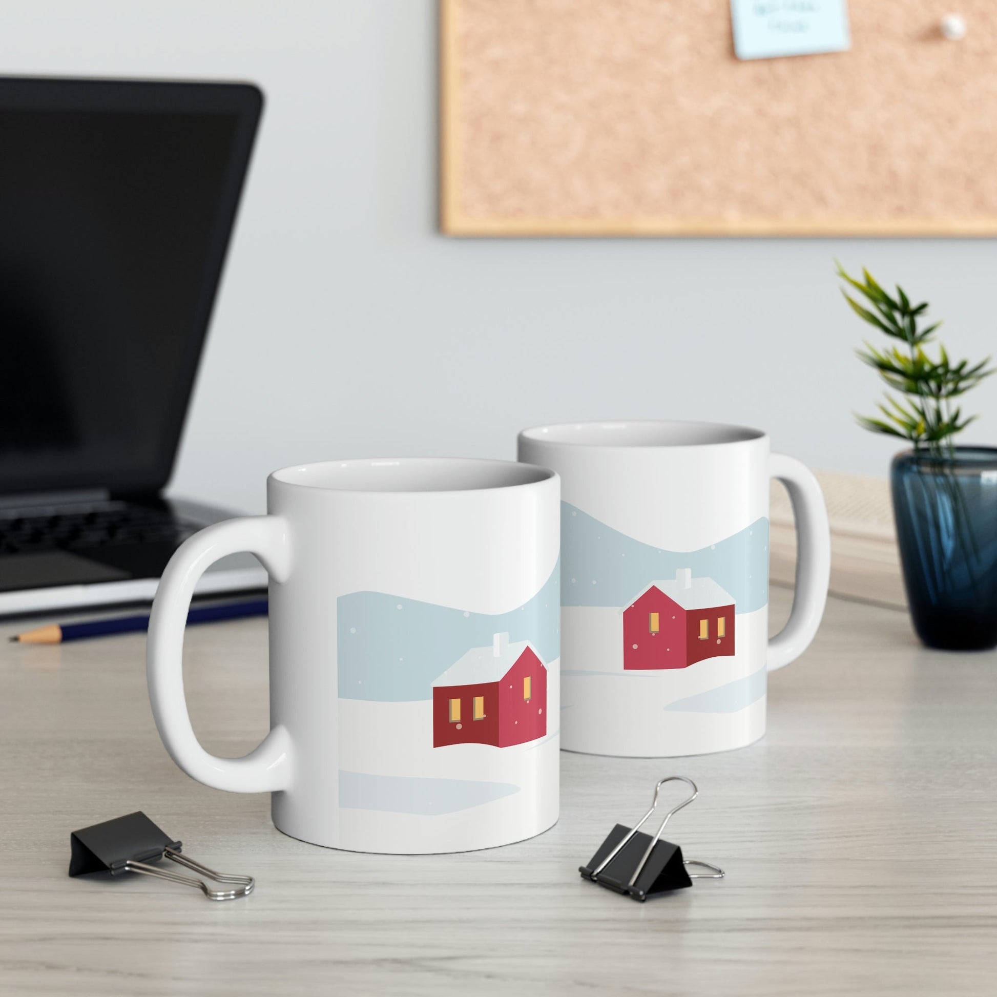 Winter Snow Red House Minimal Art Ceramic Mug 11oz Ichaku [Perfect Gifts Selection]