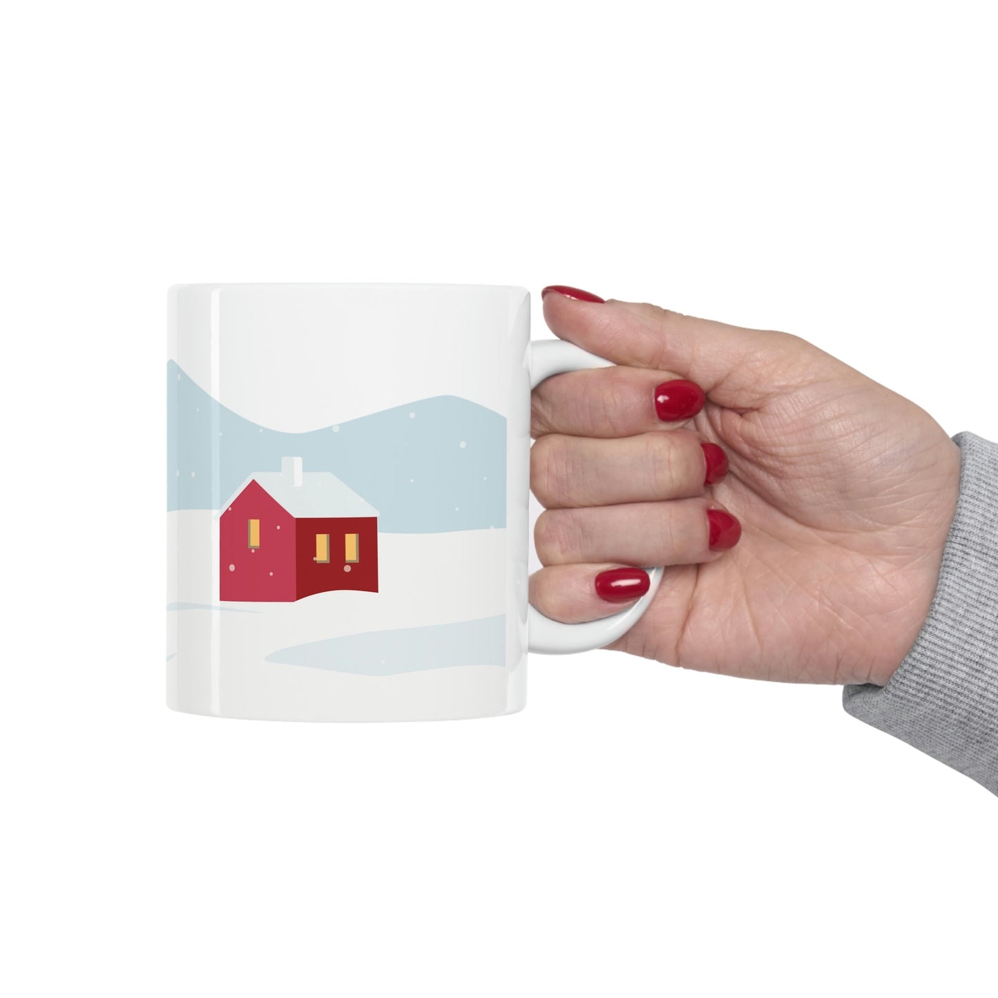 Winter Snow Red House Minimal Art Ceramic Mug 11oz Ichaku [Perfect Gifts Selection]