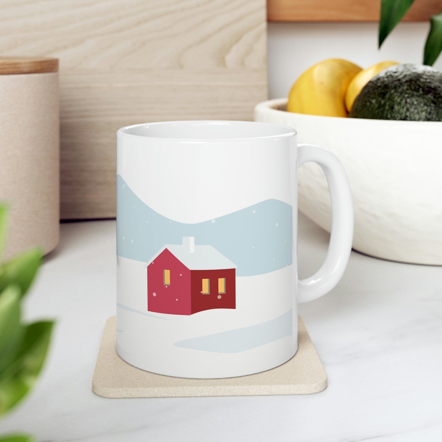 Winter Snow Red House Minimal Art Ceramic Mug 11oz Ichaku [Perfect Gifts Selection]