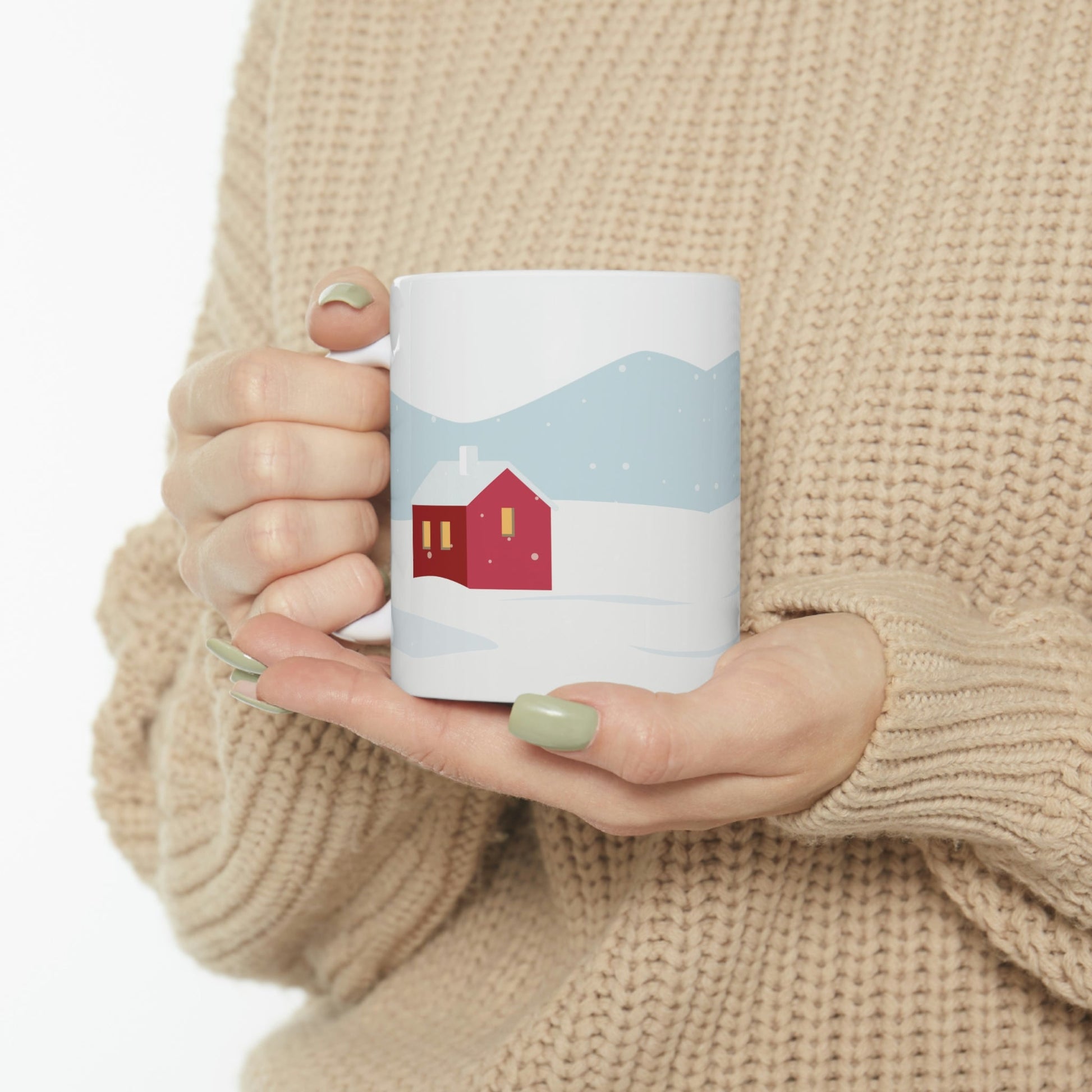 Winter Snow Red House Minimal Art Ceramic Mug 11oz Ichaku [Perfect Gifts Selection]