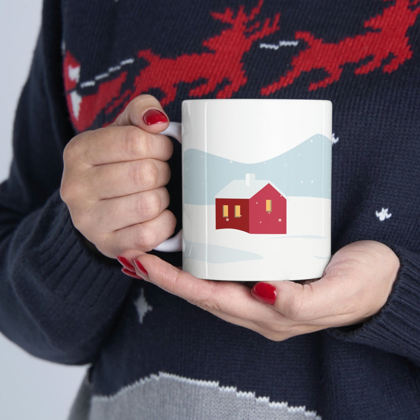 Winter Snow Red House Minimal Art Ceramic Mug 11oz Ichaku [Perfect Gifts Selection]