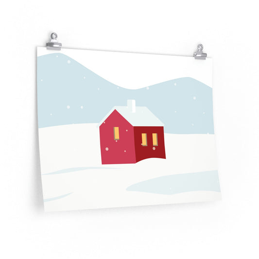 Winter Snow Red House Minimal Art Premium Matte Horizontal Posters Ichaku [Perfect Gifts Selection]