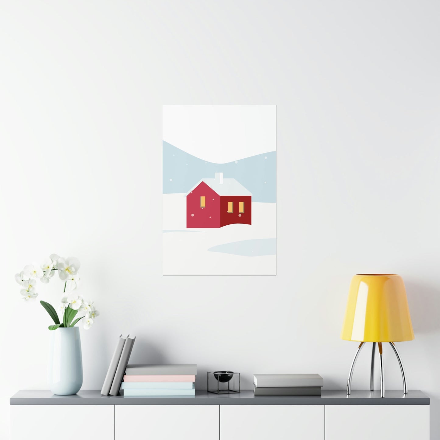 Winter Snow Red House Minimal Art Premium Matte Vertical Posters Ichaku [Perfect Gifts Selection]