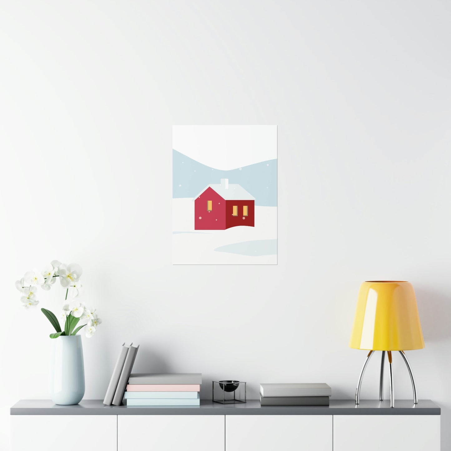 Winter Snow Red House Minimal Art Premium Matte Vertical Posters Ichaku [Perfect Gifts Selection]