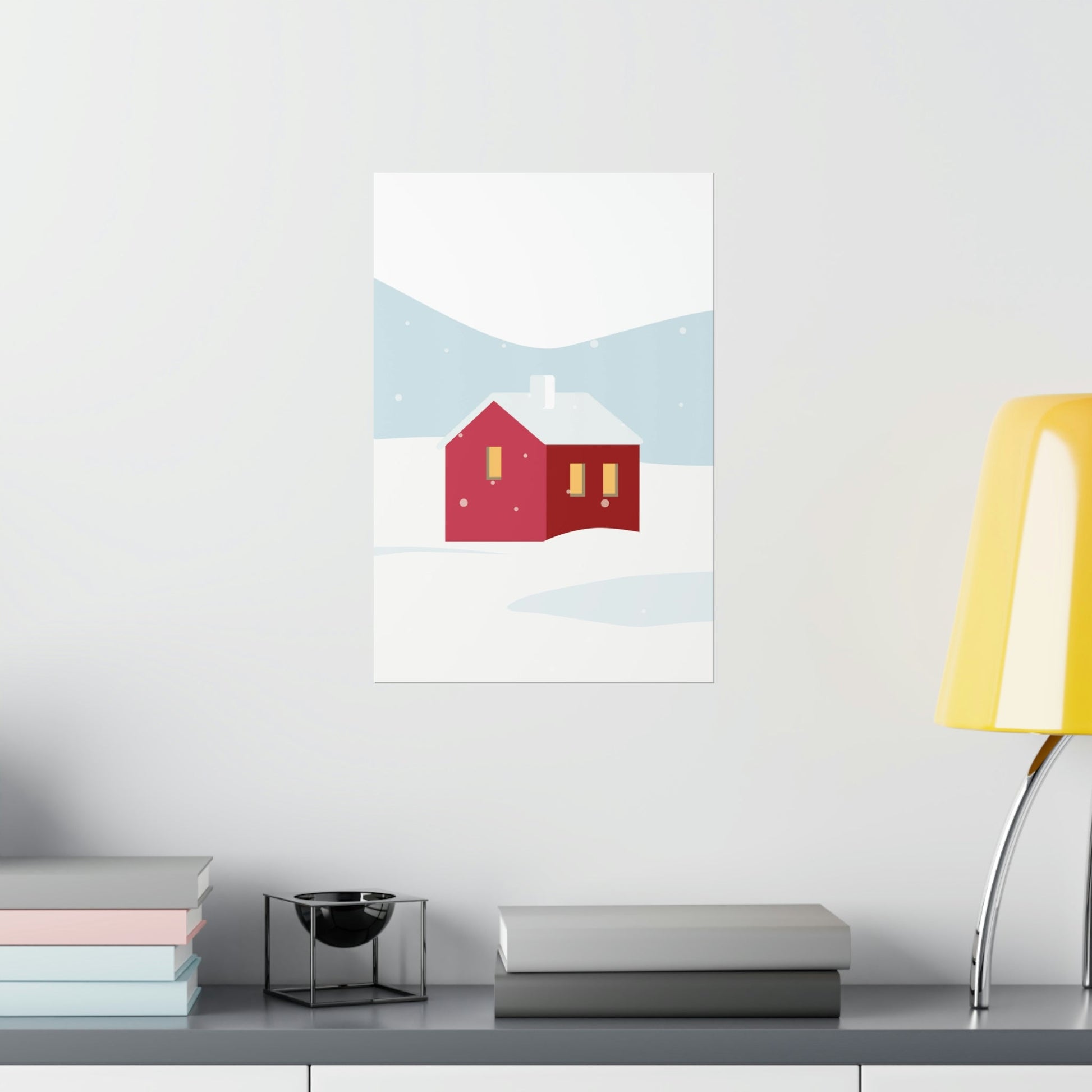 Winter Snow Red House Minimal Art Premium Matte Vertical Posters Ichaku [Perfect Gifts Selection]