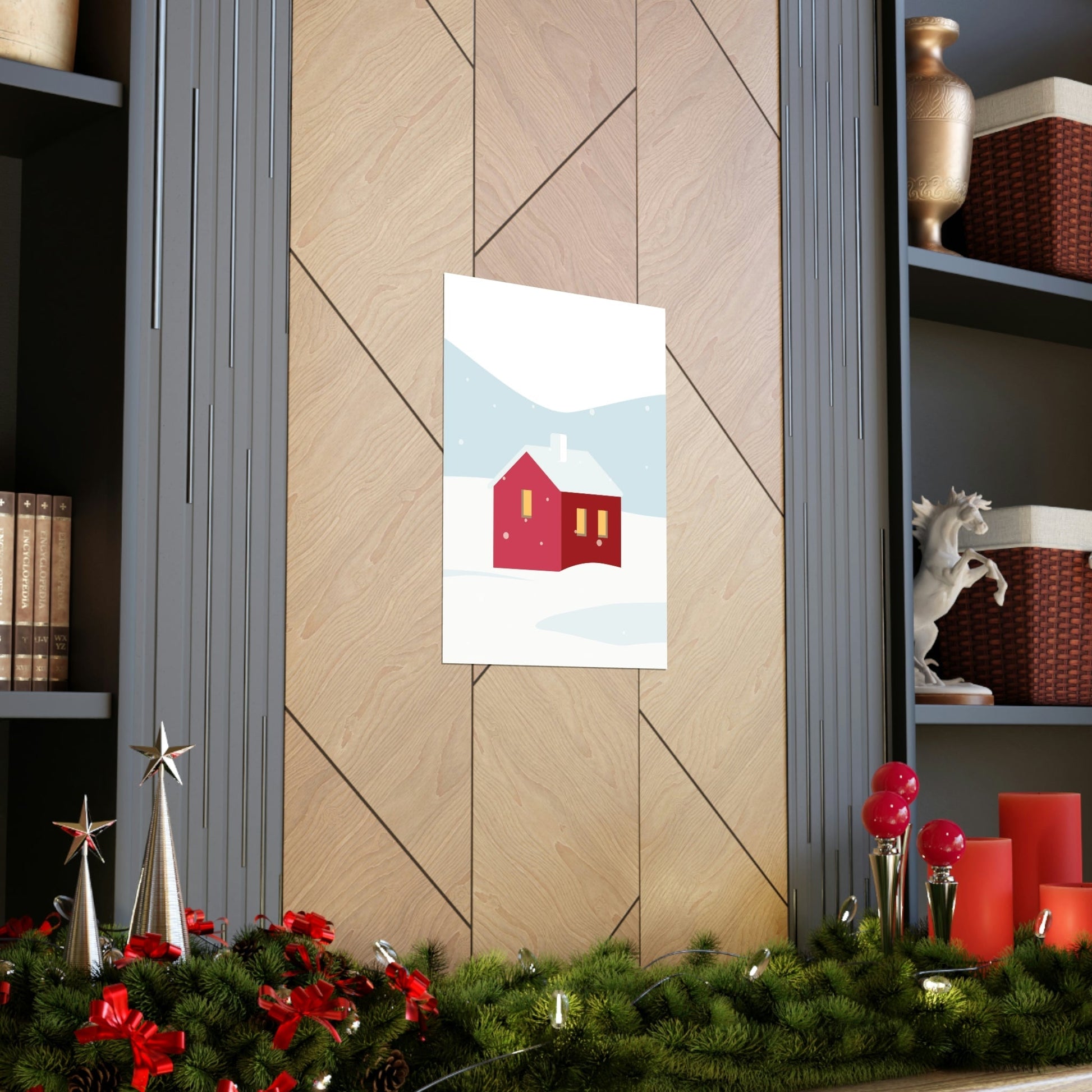 Winter Snow Red House Minimal Art Premium Matte Vertical Posters Ichaku [Perfect Gifts Selection]