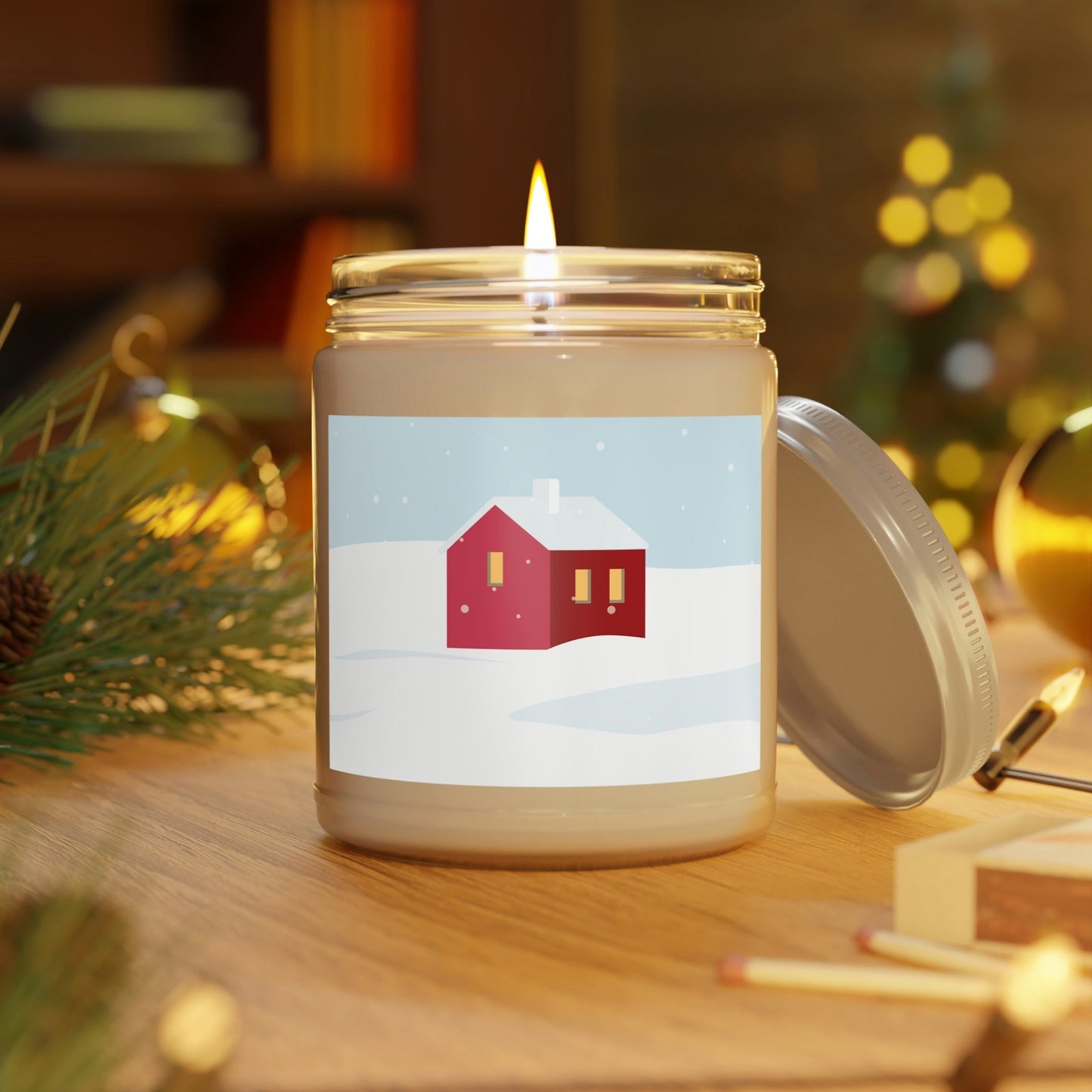 Winter Snow Red House Minimal Art Scented Candle Up to 60h Soy Wax 9oz Ichaku [Perfect Gifts Selection]