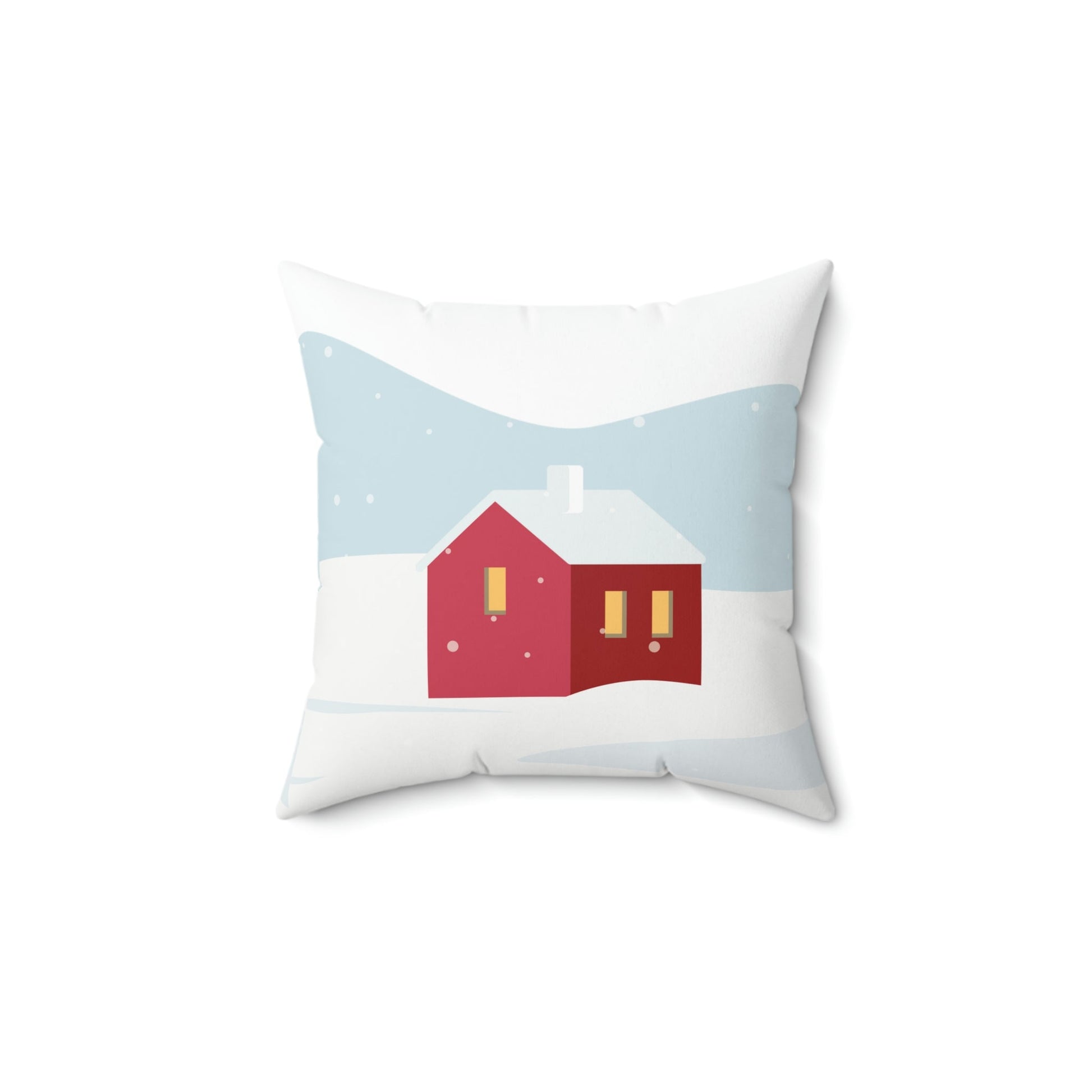 Winter Snow Red House Minimal Art Spun Polyester Square Pillow Ichaku [Perfect Gifts Selection]