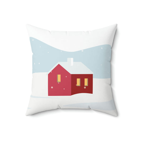 Winter Snow Red House Minimal Art Spun Polyester Square Pillow Ichaku [Perfect Gifts Selection]