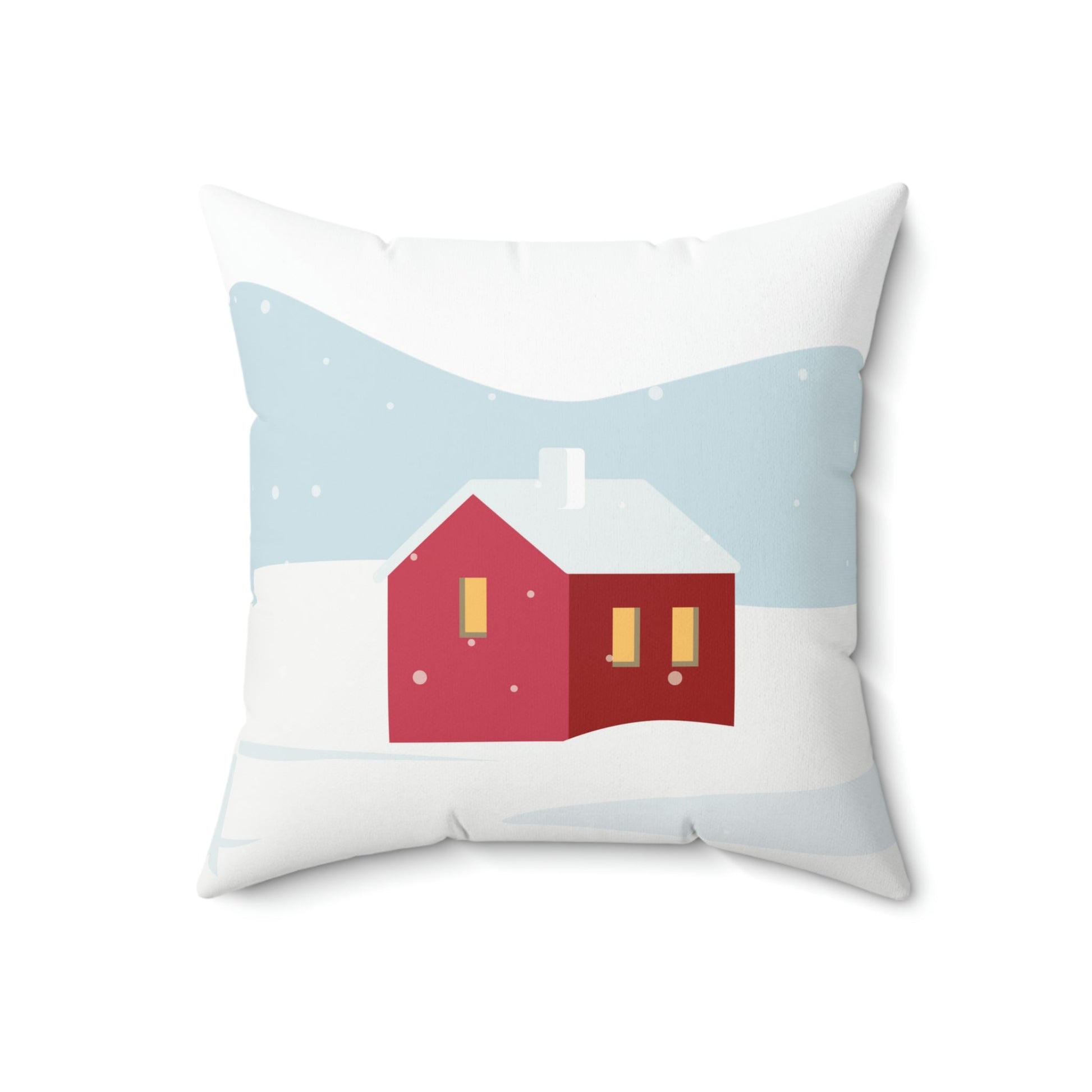 Winter Snow Red House Minimal Art Spun Polyester Square Pillow Ichaku [Perfect Gifts Selection]