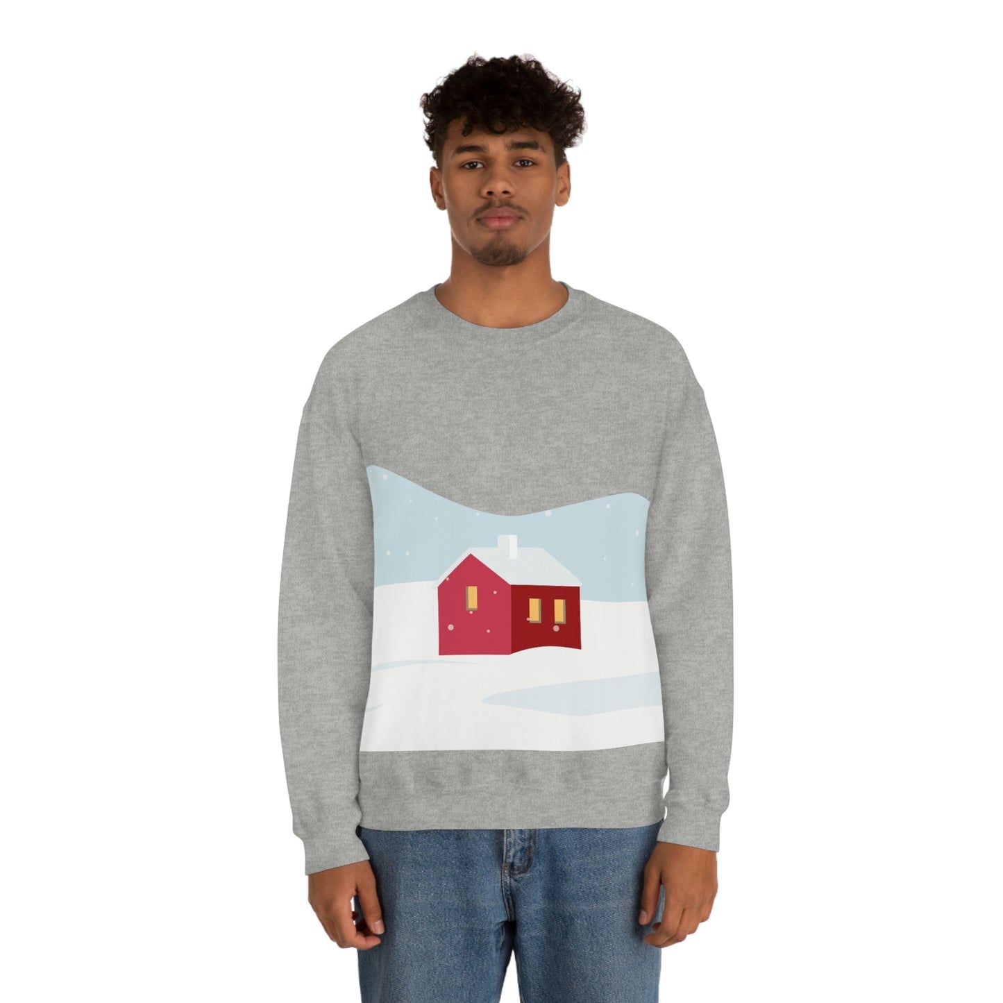 Winter Snow Red House Minimal Art Unisex Heavy Blend™ Crewneck Sweatshirt Ichaku [Perfect Gifts Selection]