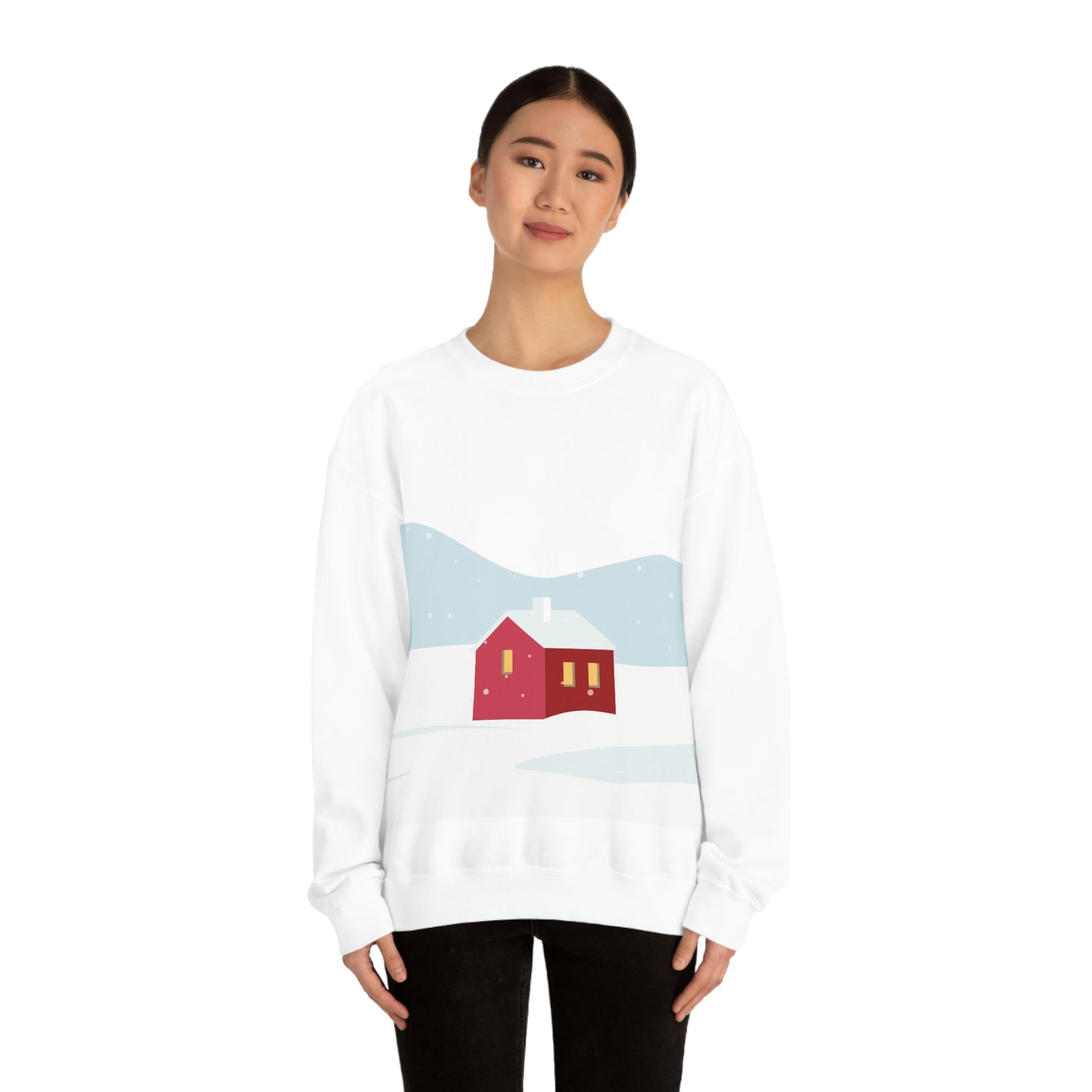 Winter Snow Red House Minimal Art Unisex Heavy Blend™ Crewneck Sweatshirt Ichaku [Perfect Gifts Selection]