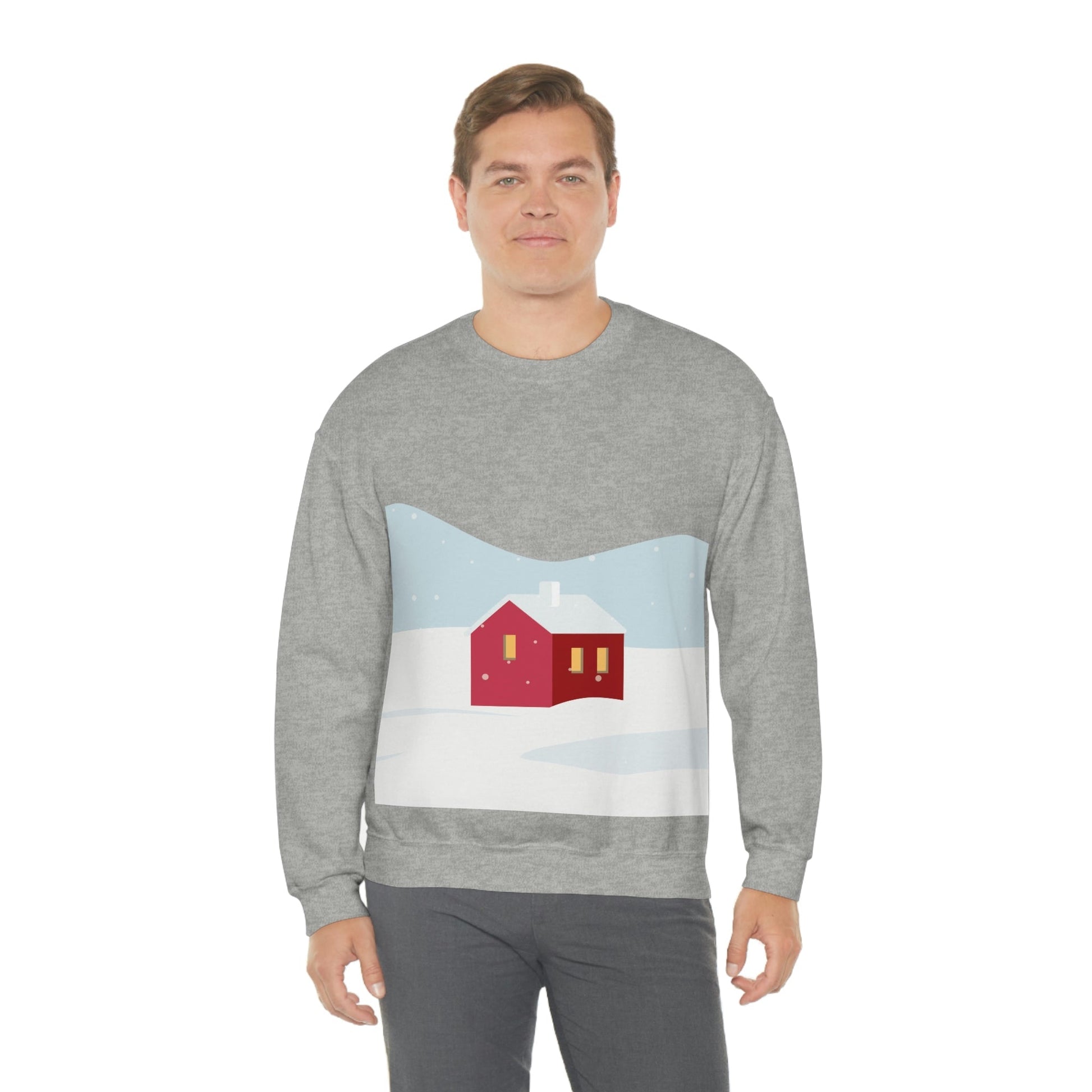 Winter Snow Red House Minimal Art Unisex Heavy Blend™ Crewneck Sweatshirt Ichaku [Perfect Gifts Selection]