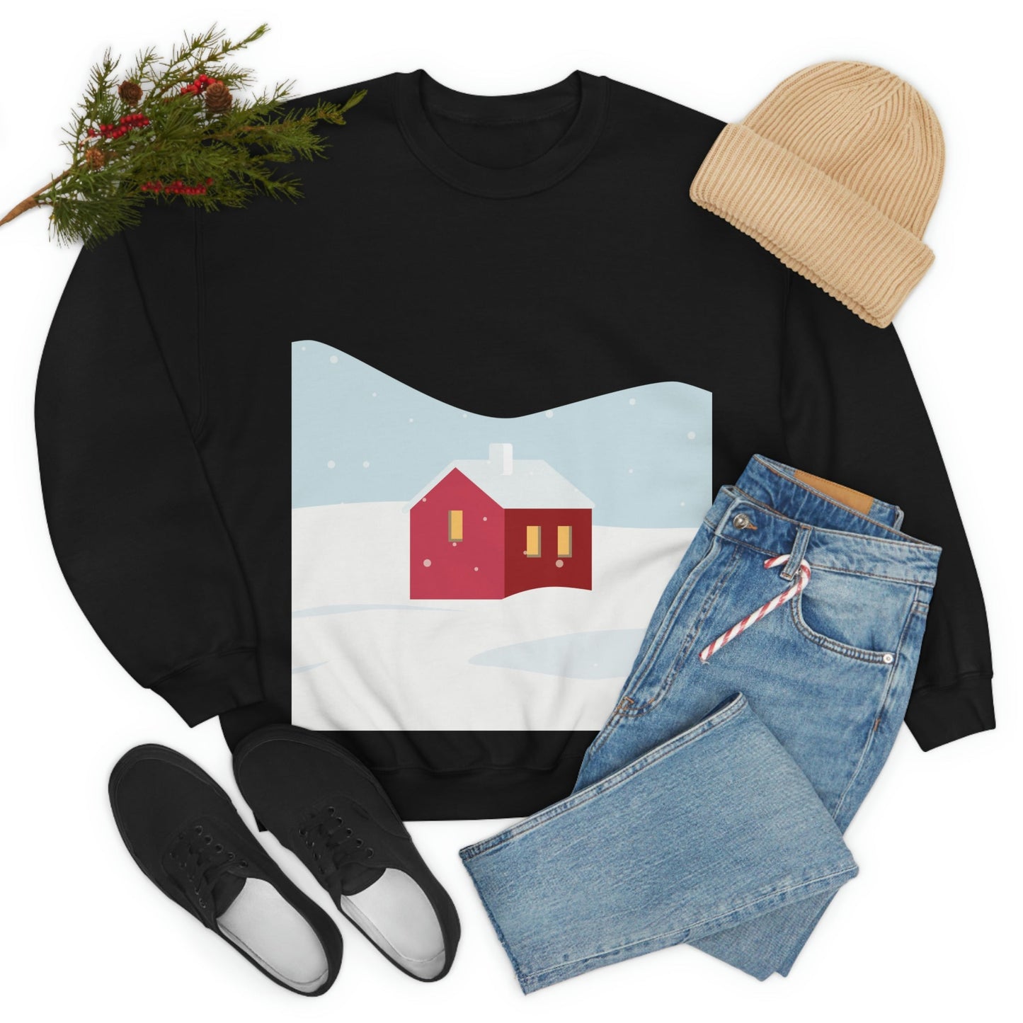 Winter Snow Red House Minimal Art Unisex Heavy Blend™ Crewneck Sweatshirt Ichaku [Perfect Gifts Selection]