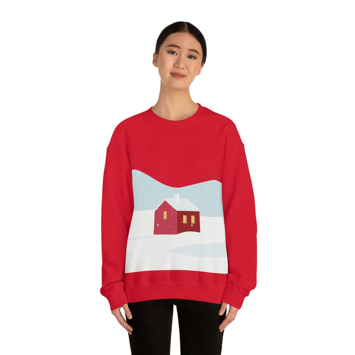Winter Snow Red House Minimal Art Unisex Heavy Blend™ Crewneck Sweatshirt Ichaku [Perfect Gifts Selection]