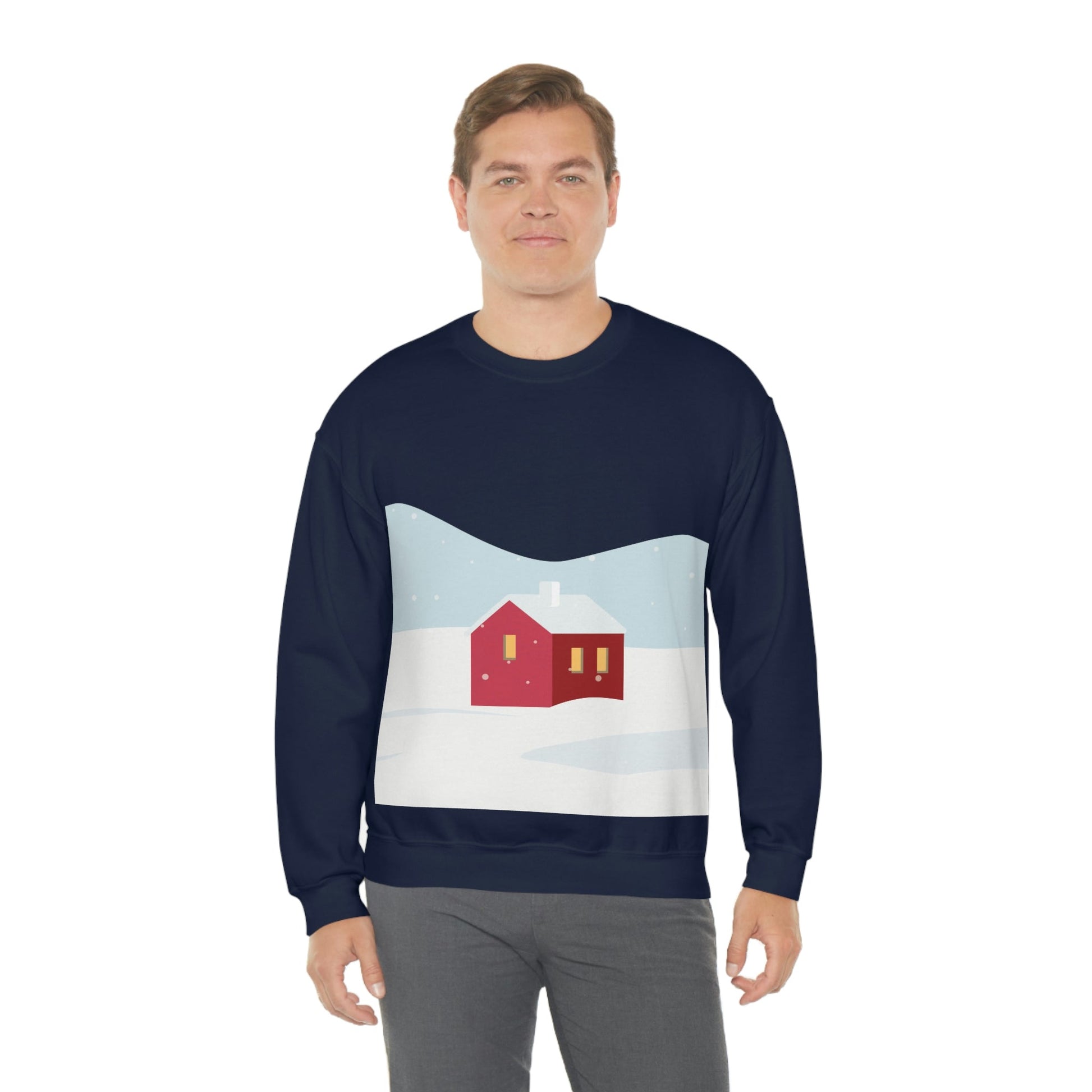 Winter Snow Red House Minimal Art Unisex Heavy Blend™ Crewneck Sweatshirt Ichaku [Perfect Gifts Selection]