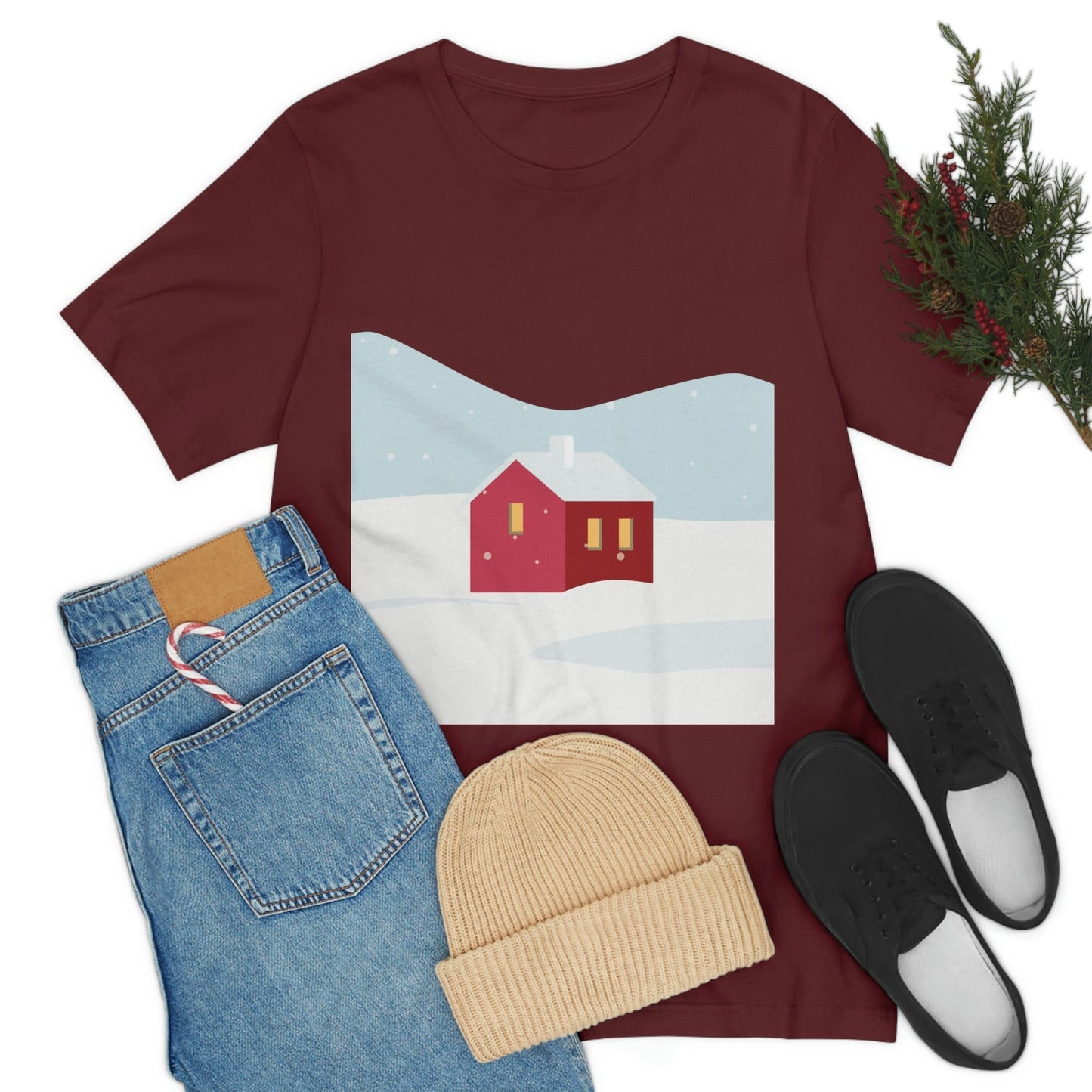 Winter Snow Red House Minimal Unisex Jersey Short Sleeve T-Shirt Ichaku [Perfect Gifts Selection]