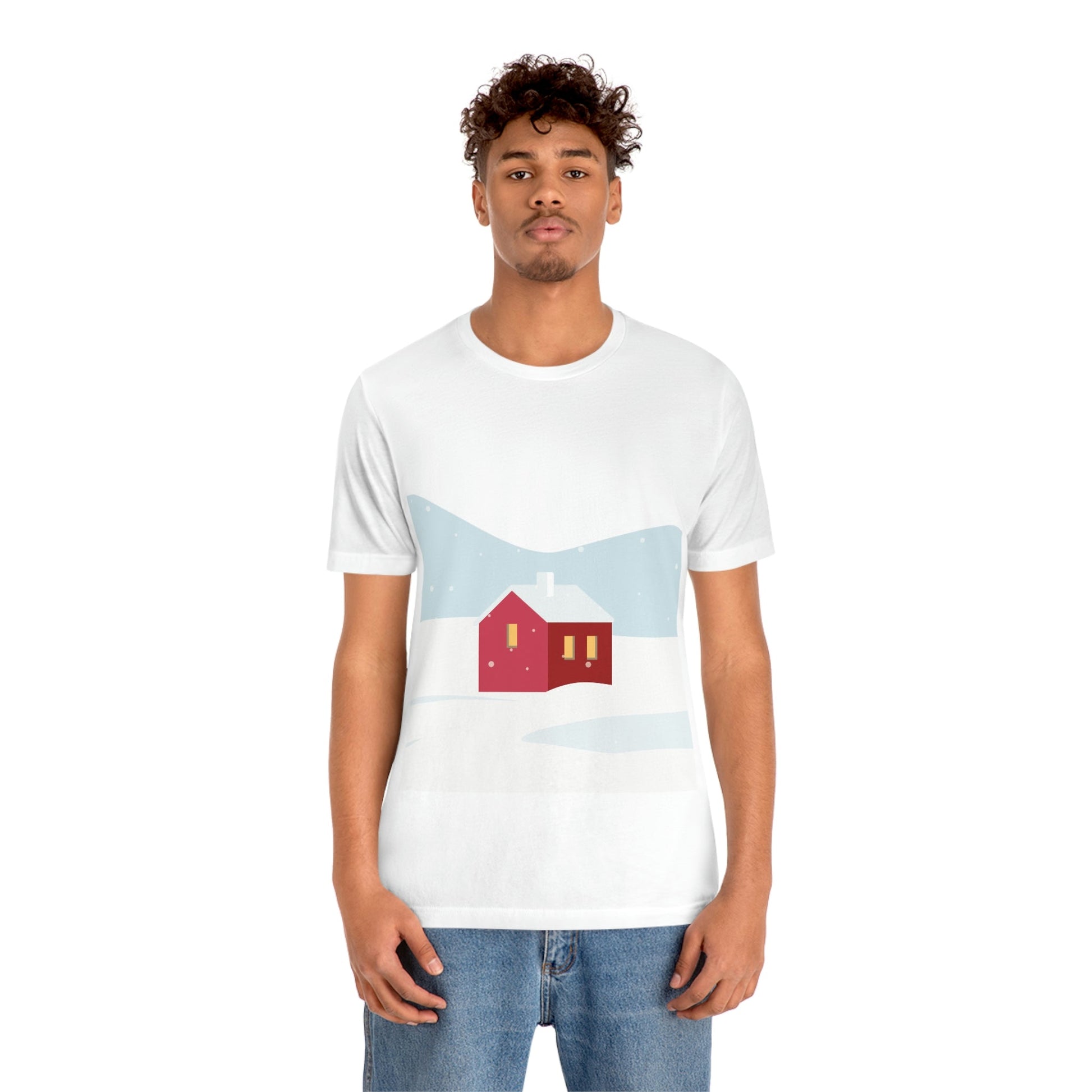 Winter Snow Red House Minimal Unisex Jersey Short Sleeve T-Shirt Ichaku [Perfect Gifts Selection]