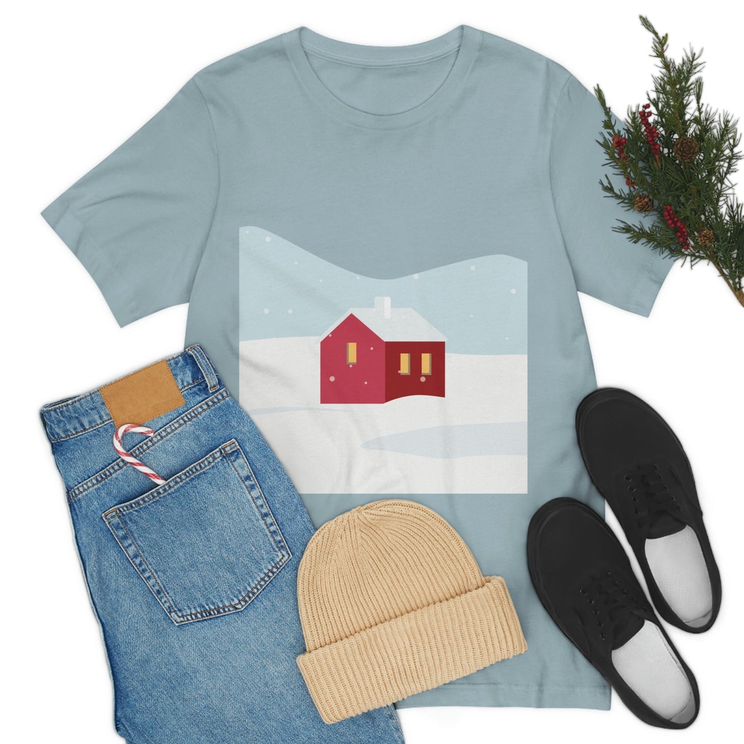 Winter Snow Red House Minimal Unisex Jersey Short Sleeve T-Shirt Ichaku [Perfect Gifts Selection]