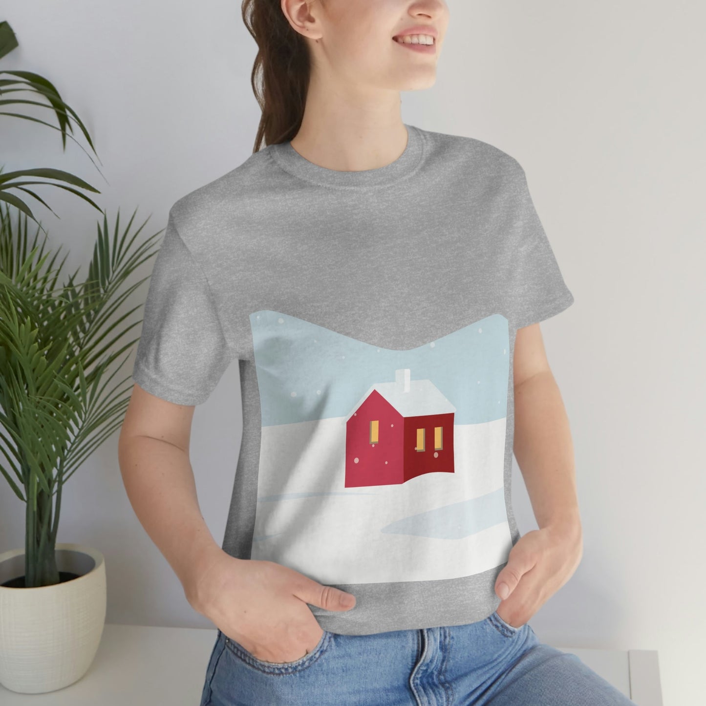 Winter Snow Red House Minimal Unisex Jersey Short Sleeve T-Shirt Ichaku [Perfect Gifts Selection]