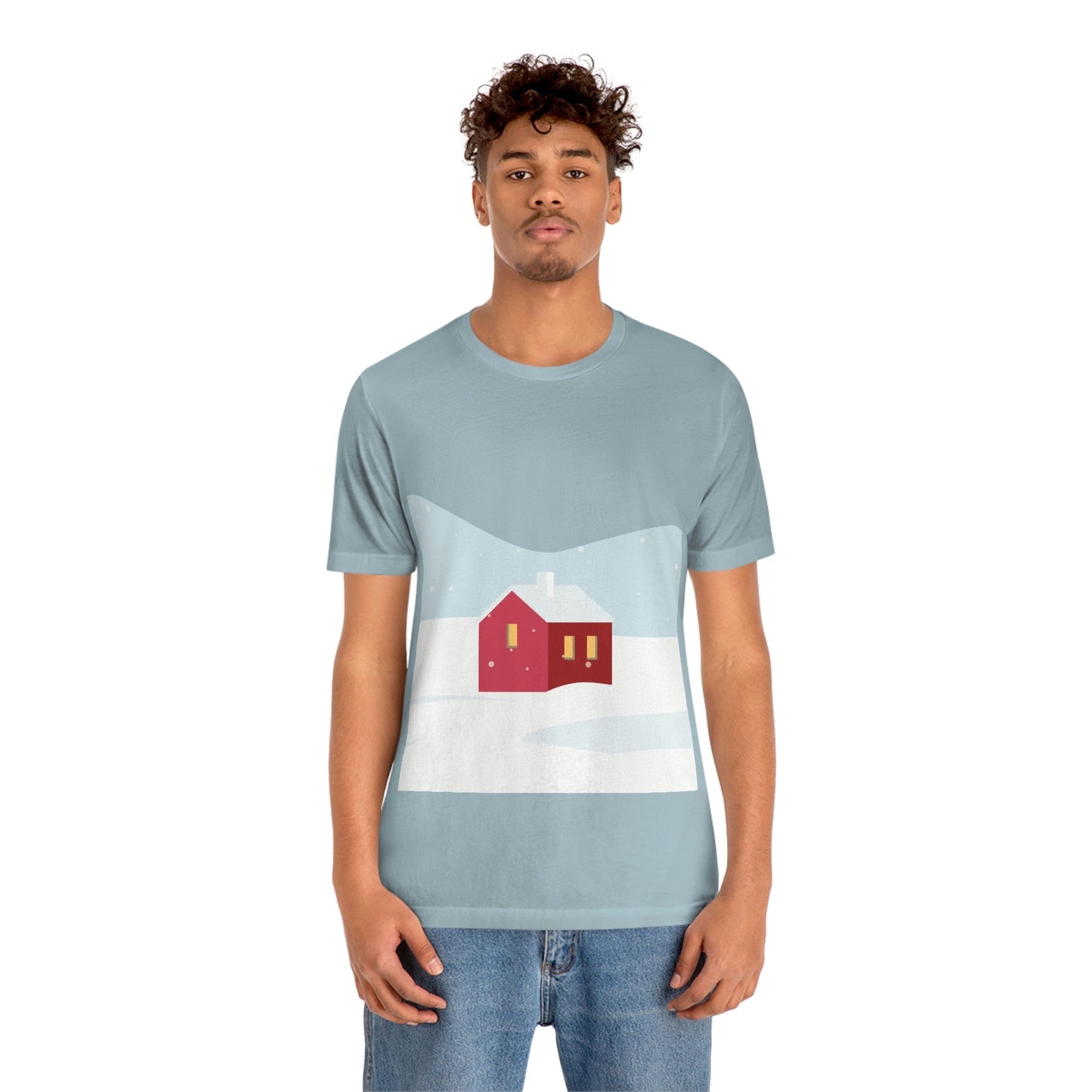 Winter Snow Red House Minimal Unisex Jersey Short Sleeve T-Shirt Ichaku [Perfect Gifts Selection]