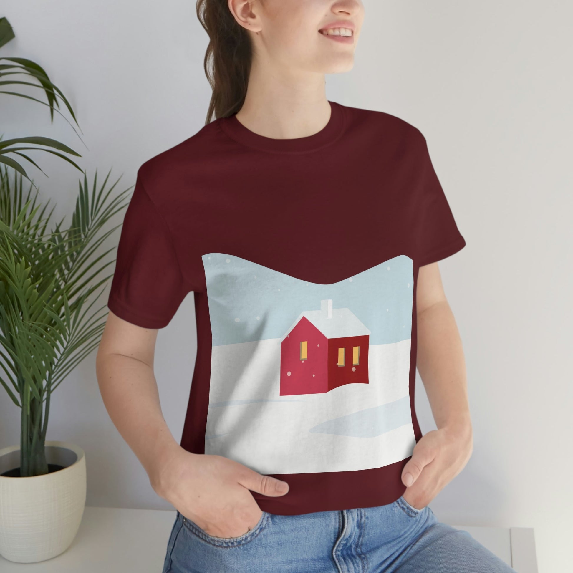 Winter Snow Red House Minimal Unisex Jersey Short Sleeve T-Shirt Ichaku [Perfect Gifts Selection]