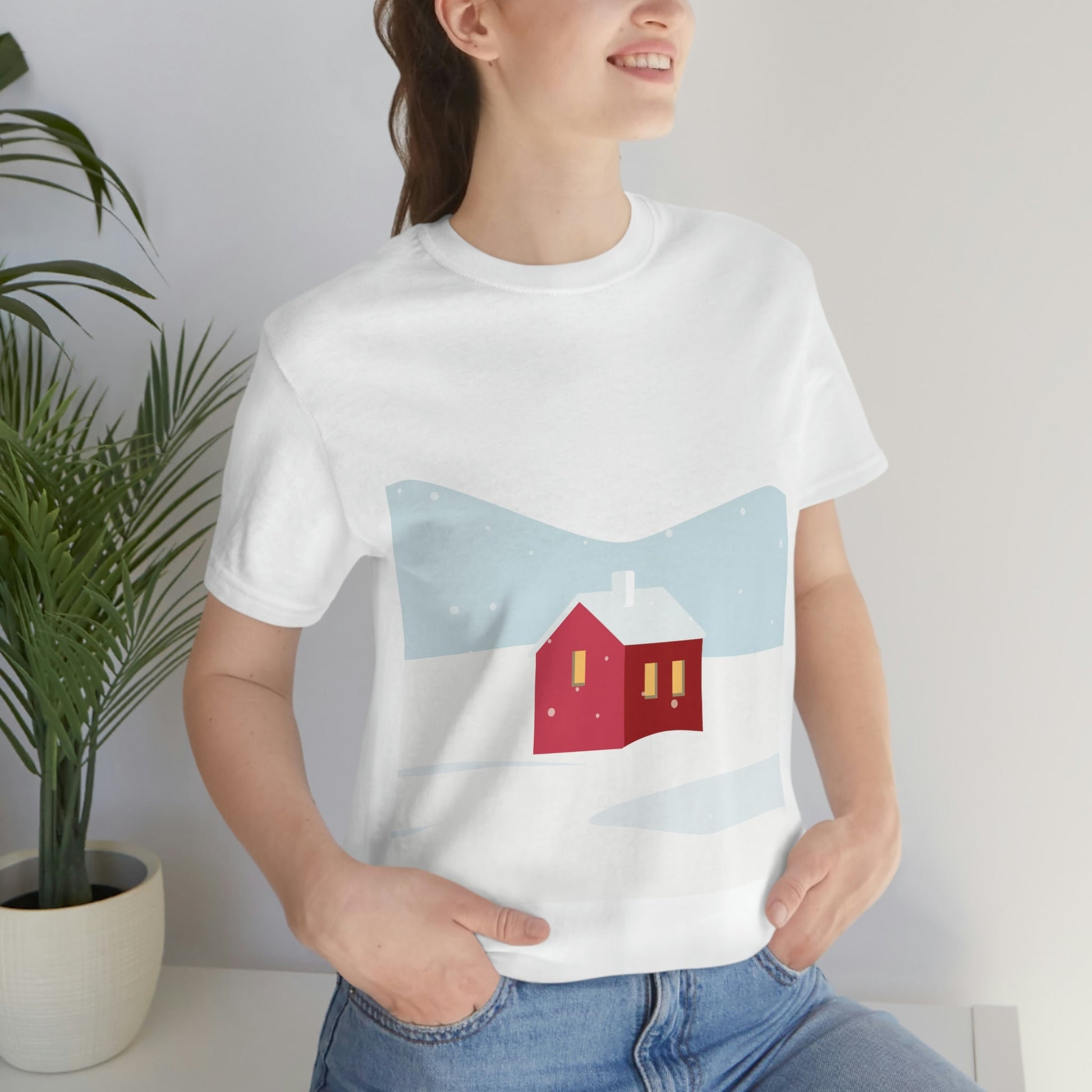 Winter Snow Red House Minimal Unisex Jersey Short Sleeve T-Shirt Ichaku [Perfect Gifts Selection]