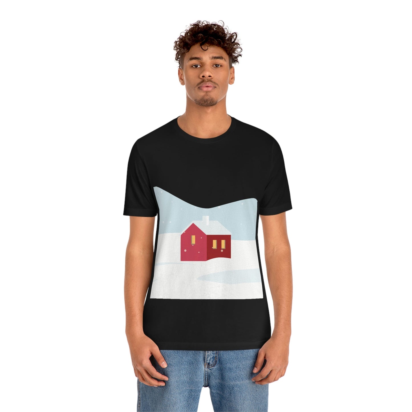 Winter Snow Red House Minimal Unisex Jersey Short Sleeve T-Shirt Ichaku [Perfect Gifts Selection]