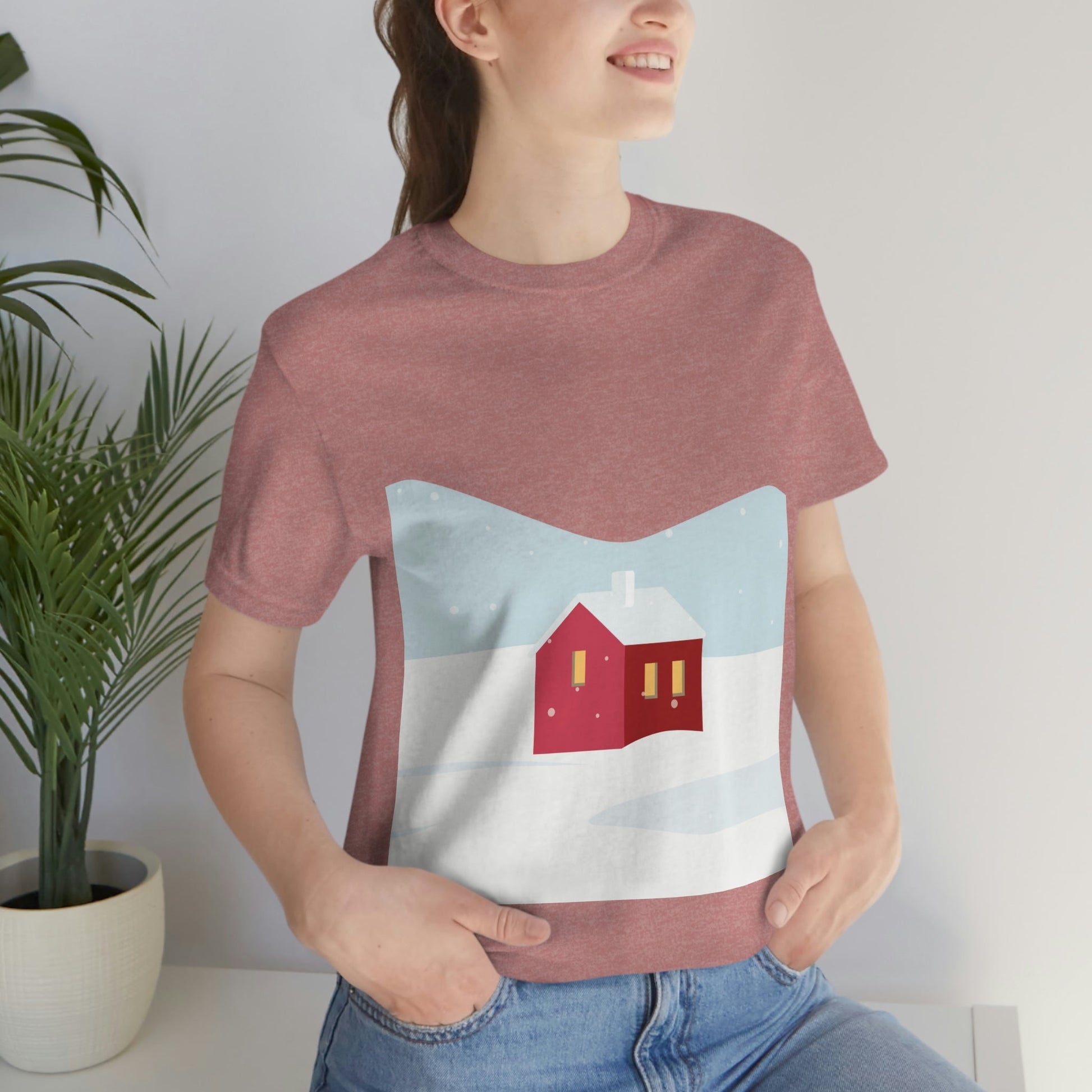 Winter Snow Red House Minimal Unisex Jersey Short Sleeve T-Shirt Ichaku [Perfect Gifts Selection]