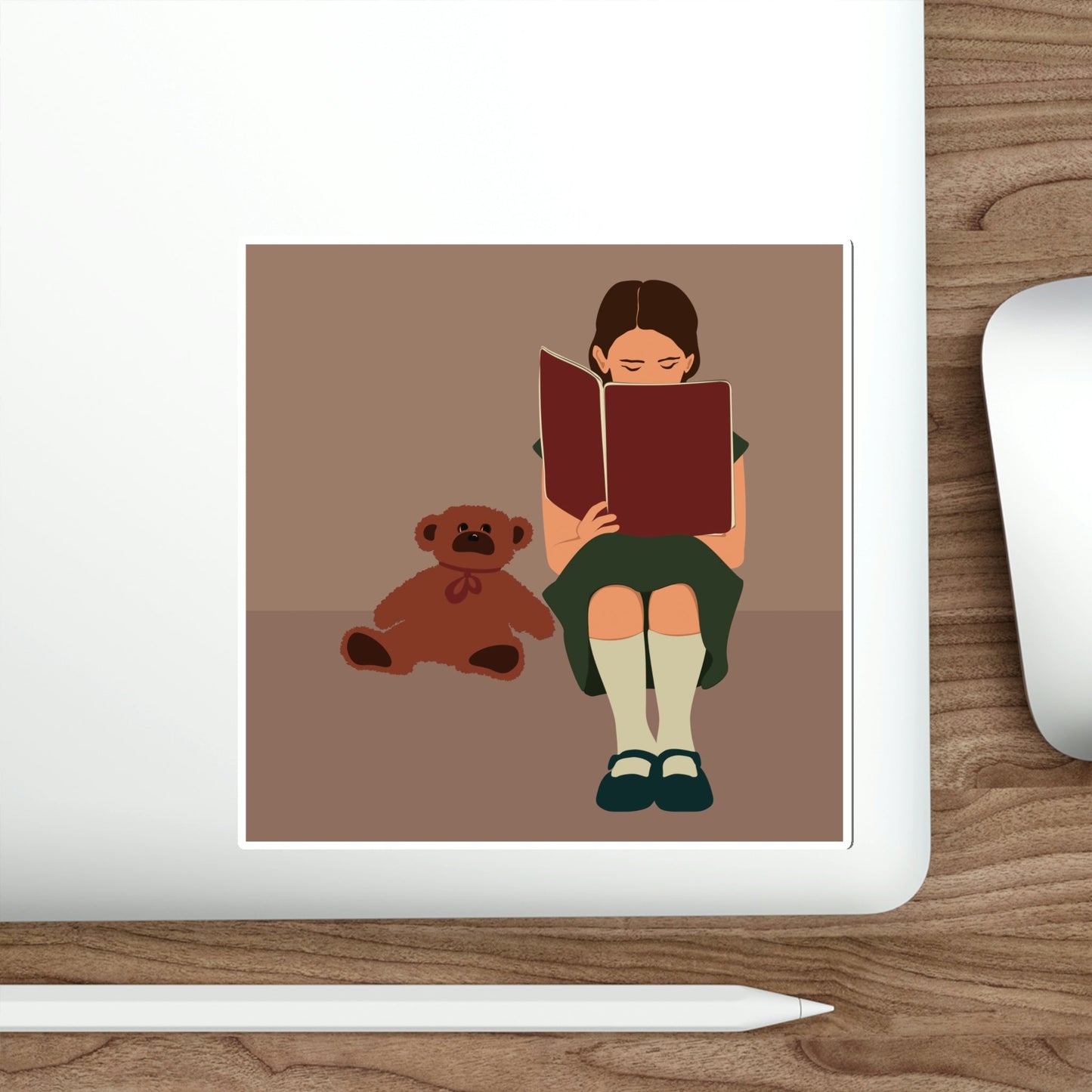 Woman Reading Book with Bear Cozy Cute Art Die-Cut Sticker Ichaku [Perfect Gifts Selection]