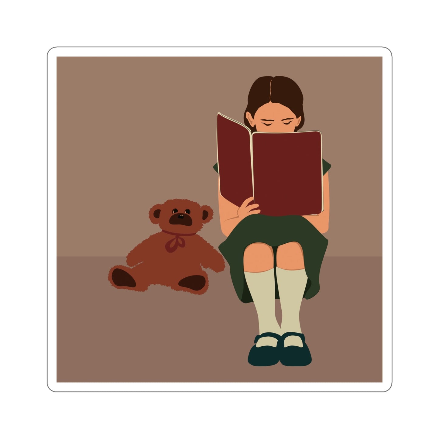 Woman Reading Book with Bear Cozy Cute Art Die-Cut Sticker Ichaku [Perfect Gifts Selection]
