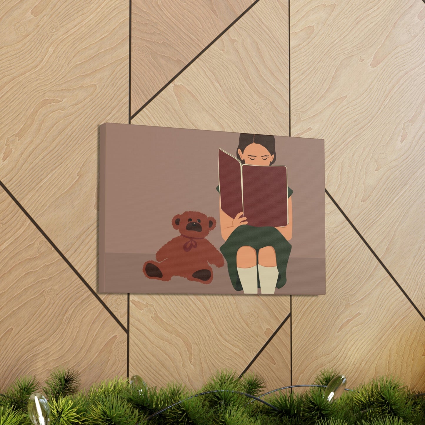 Woman Reading Book with Bear Cozy Cute Art Graphic Art Canvas Gallery Wraps Ichaku [Perfect Gifts Selection]