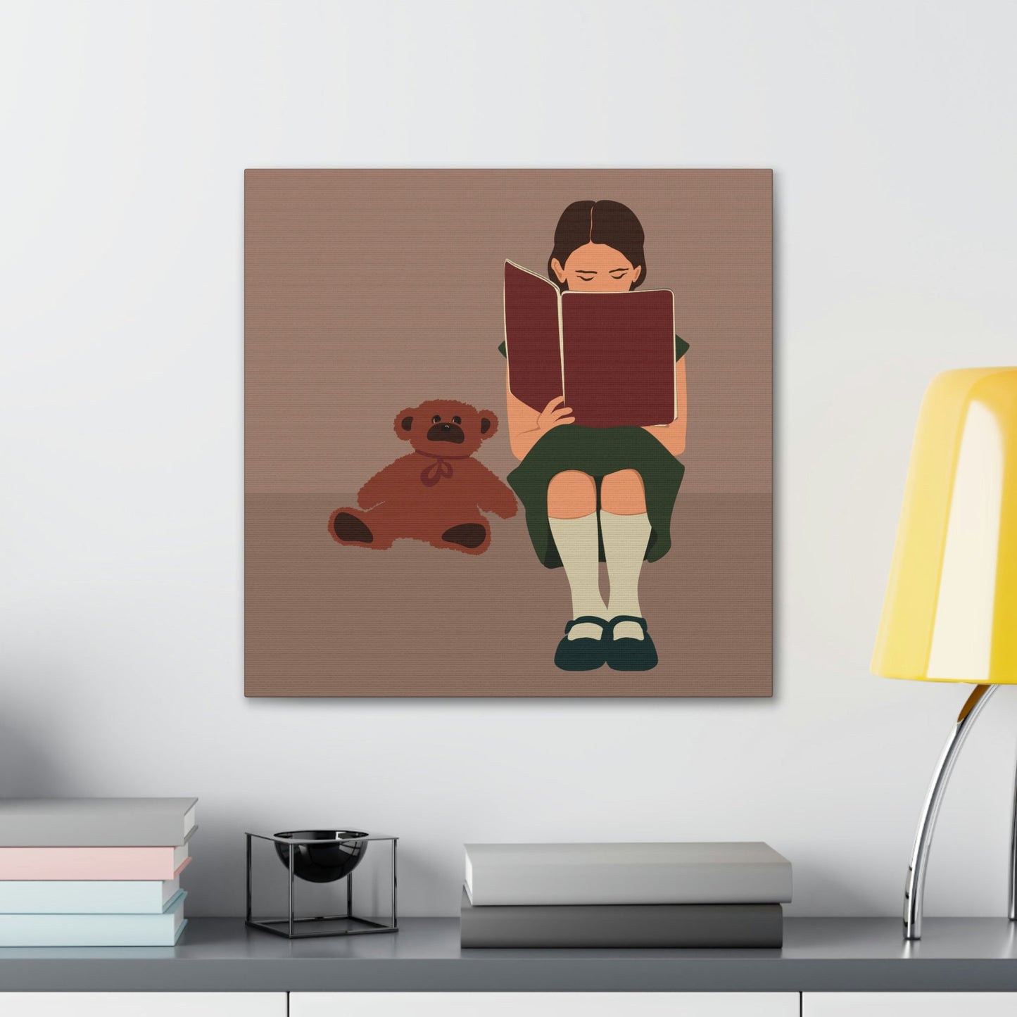 Woman Reading Book with Bear Cozy Cute Art Graphic Art Canvas Gallery Wraps Ichaku [Perfect Gifts Selection]