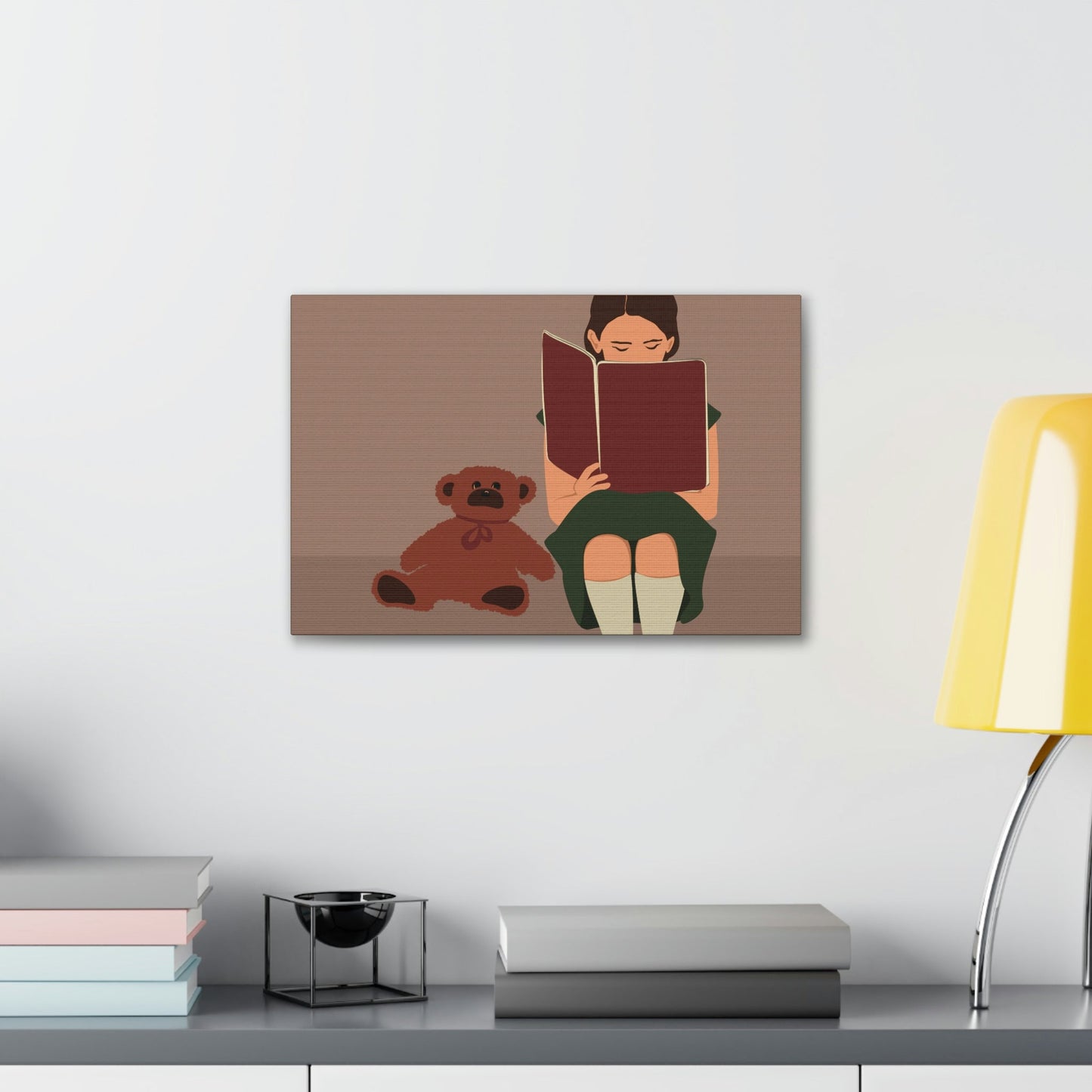 Woman Reading Book with Bear Cozy Cute Art Graphic Art Canvas Gallery Wraps Ichaku [Perfect Gifts Selection]