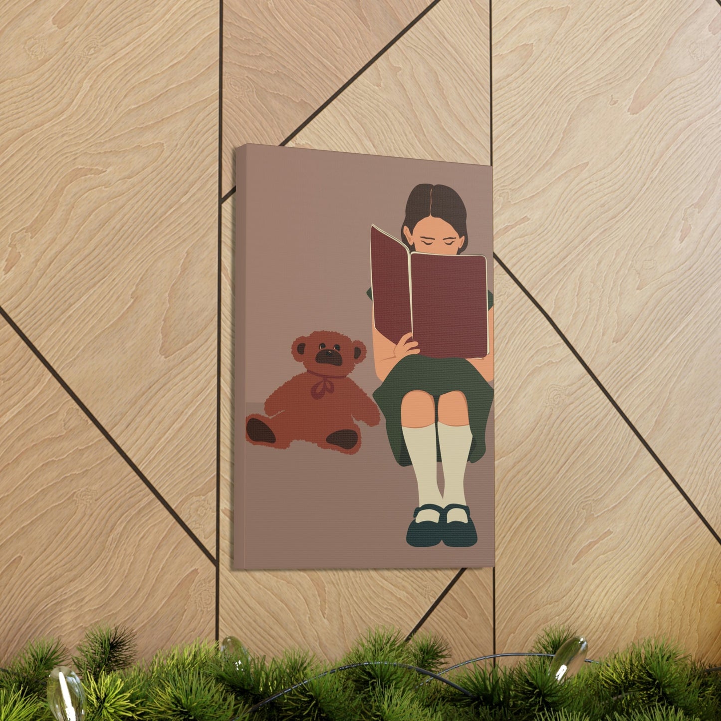 Woman Reading Book with Bear Cozy Cute Art Graphic Art Canvas Gallery Wraps Ichaku [Perfect Gifts Selection]