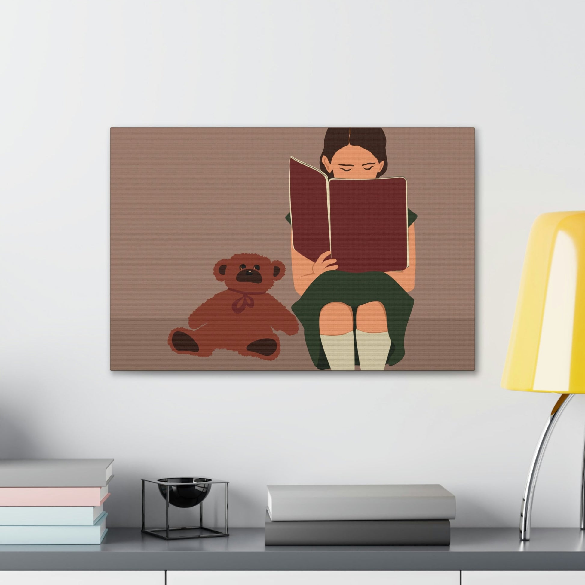 Woman Reading Book with Bear Cozy Cute Art Graphic Art Canvas Gallery Wraps Ichaku [Perfect Gifts Selection]