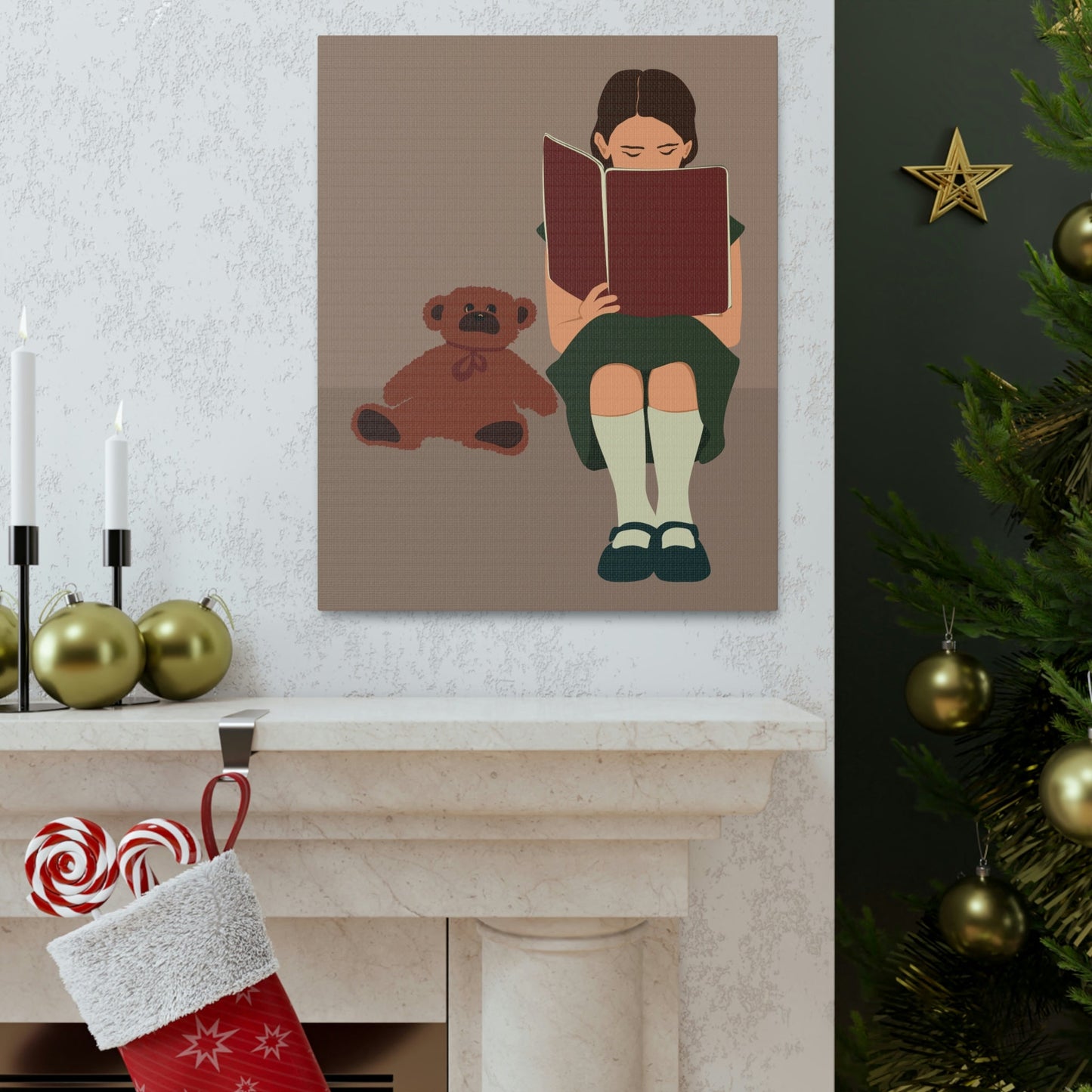 Woman Reading Book with Bear Cozy Cute Art Graphic Art Canvas Gallery Wraps Ichaku [Perfect Gifts Selection]