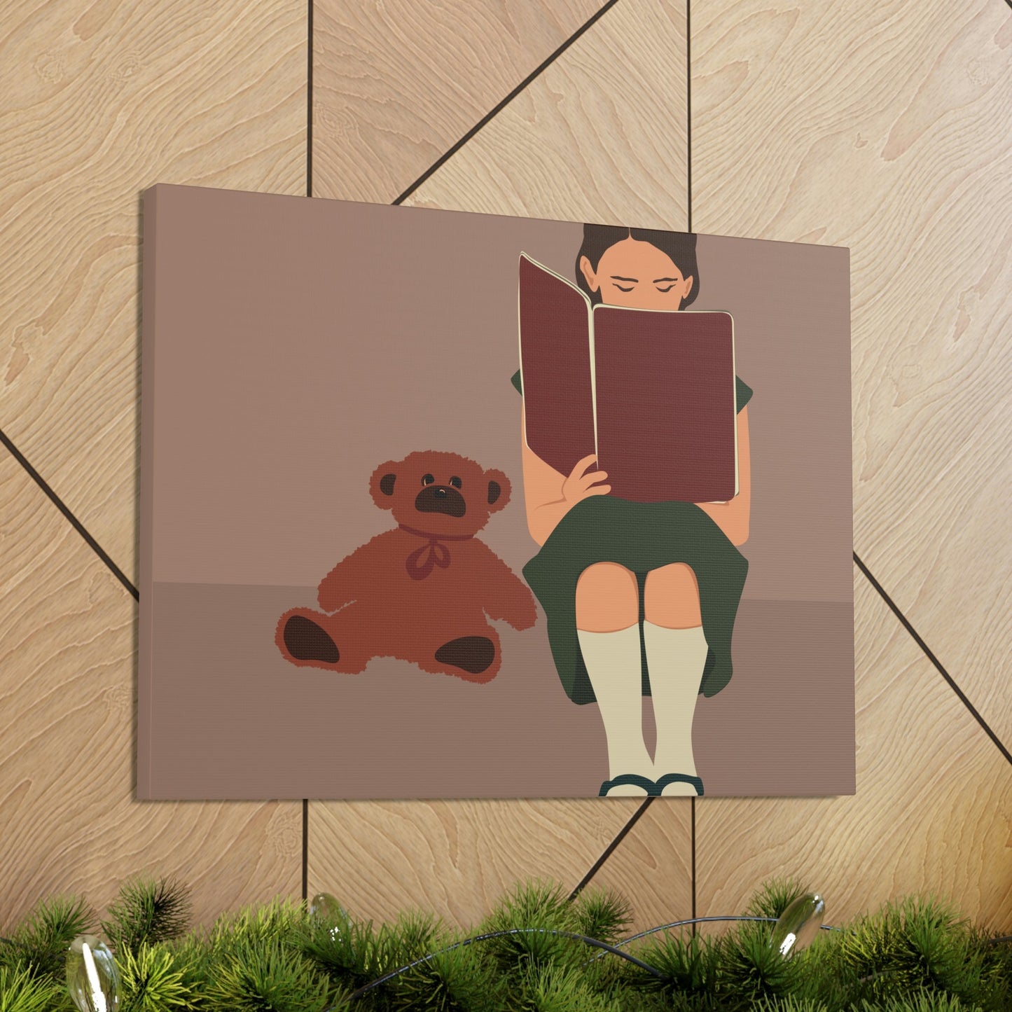 Woman Reading Book with Bear Cozy Cute Art Graphic Art Canvas Gallery Wraps Ichaku [Perfect Gifts Selection]