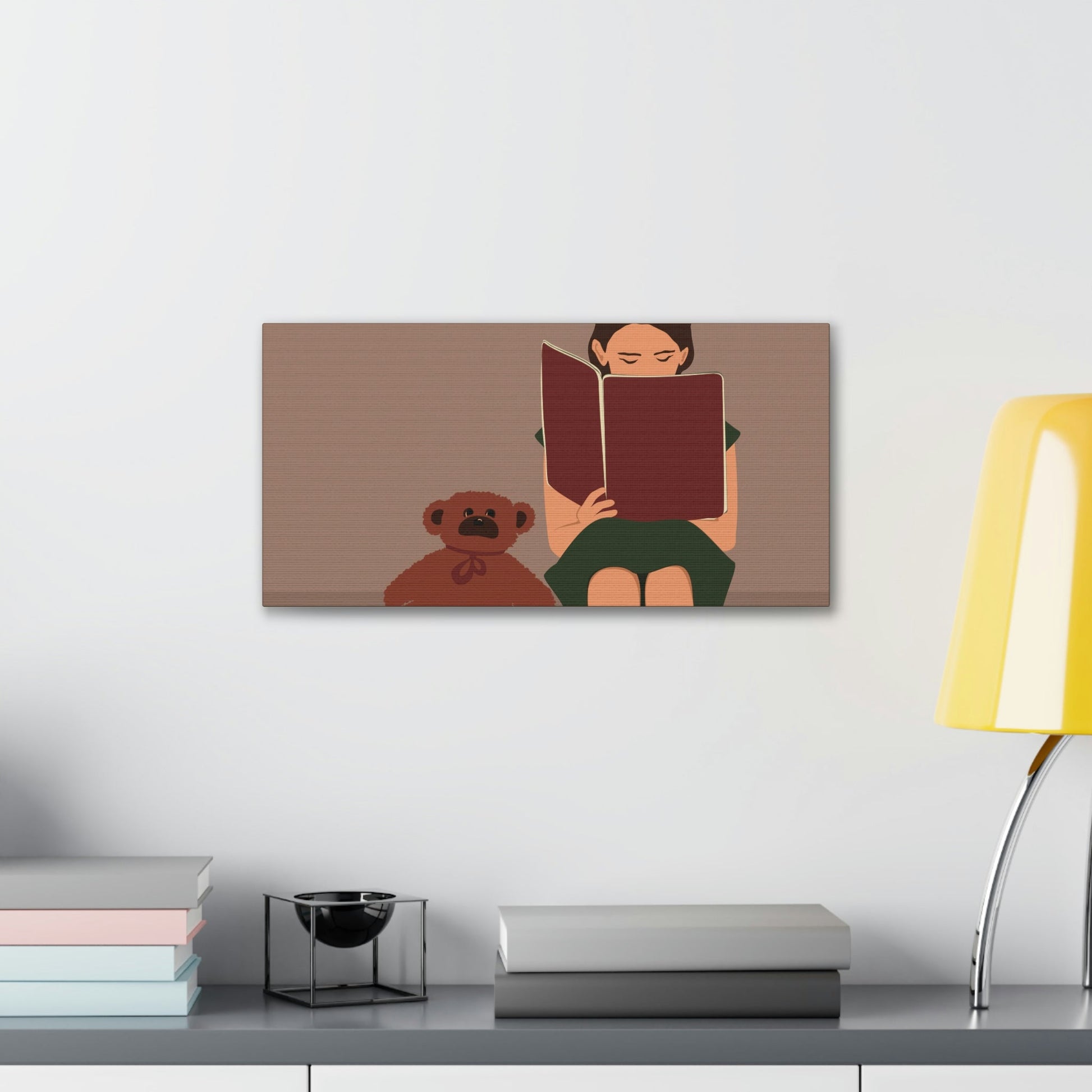 Woman Reading Book with Bear Cozy Cute Art Graphic Art Canvas Gallery Wraps Ichaku [Perfect Gifts Selection]